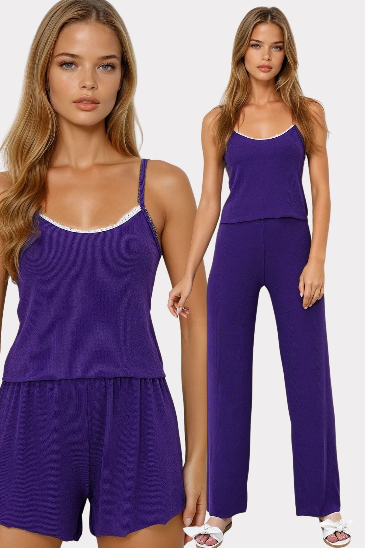 VAGGON Kadın Mor Ip Askılı Dantel Detaylı Bluz, Şort Ve Pantolonlu 3 Lü Set Pijama Takımı Pjmx13917