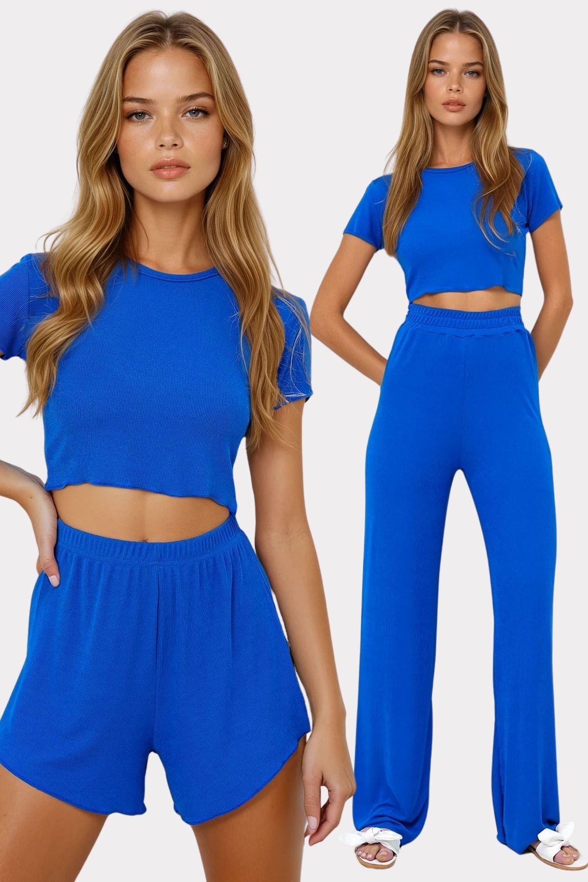 VAGGON Kadın Saks Bisiklet Yaka Crop Bluz, Şort Ve Pantolonlu 3 Lü Set Pijama Takımı Pjmx13916