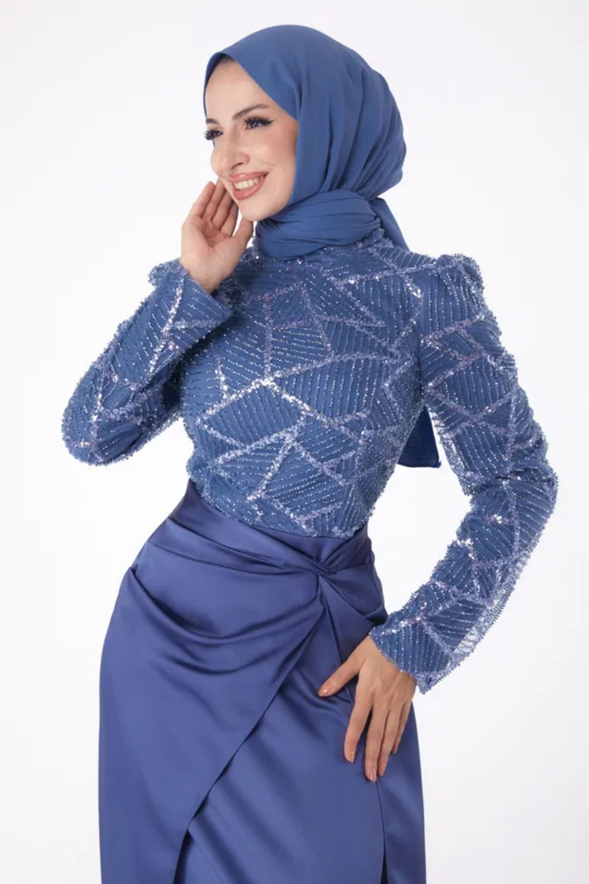 Butik Düz Hakim Yaka Kadın Mavi Taşlı Abiye Elbise