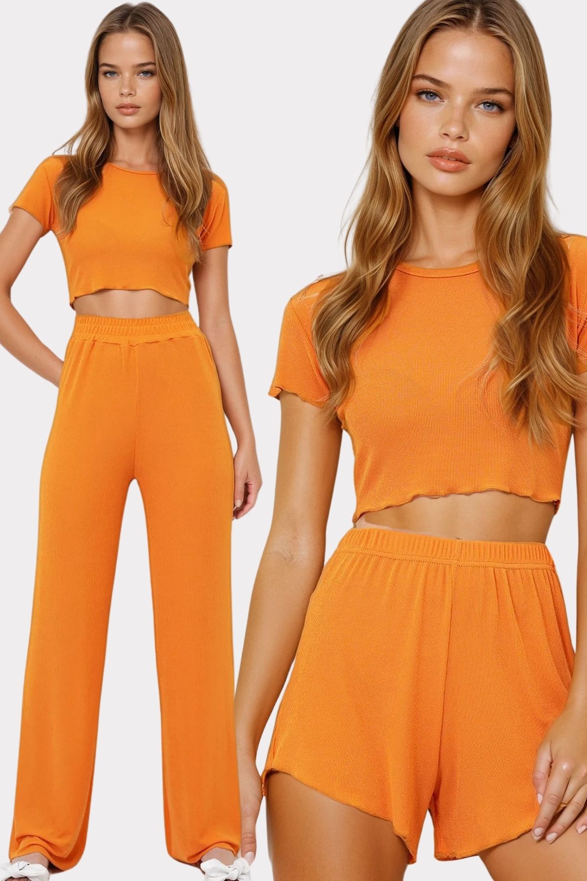 VAGGON Kadın Turuncu Bisiklet Yaka Crop Bluz, Şort Ve Pantolonlu 3 Lü Set Pijama Takımı Pjmx13916