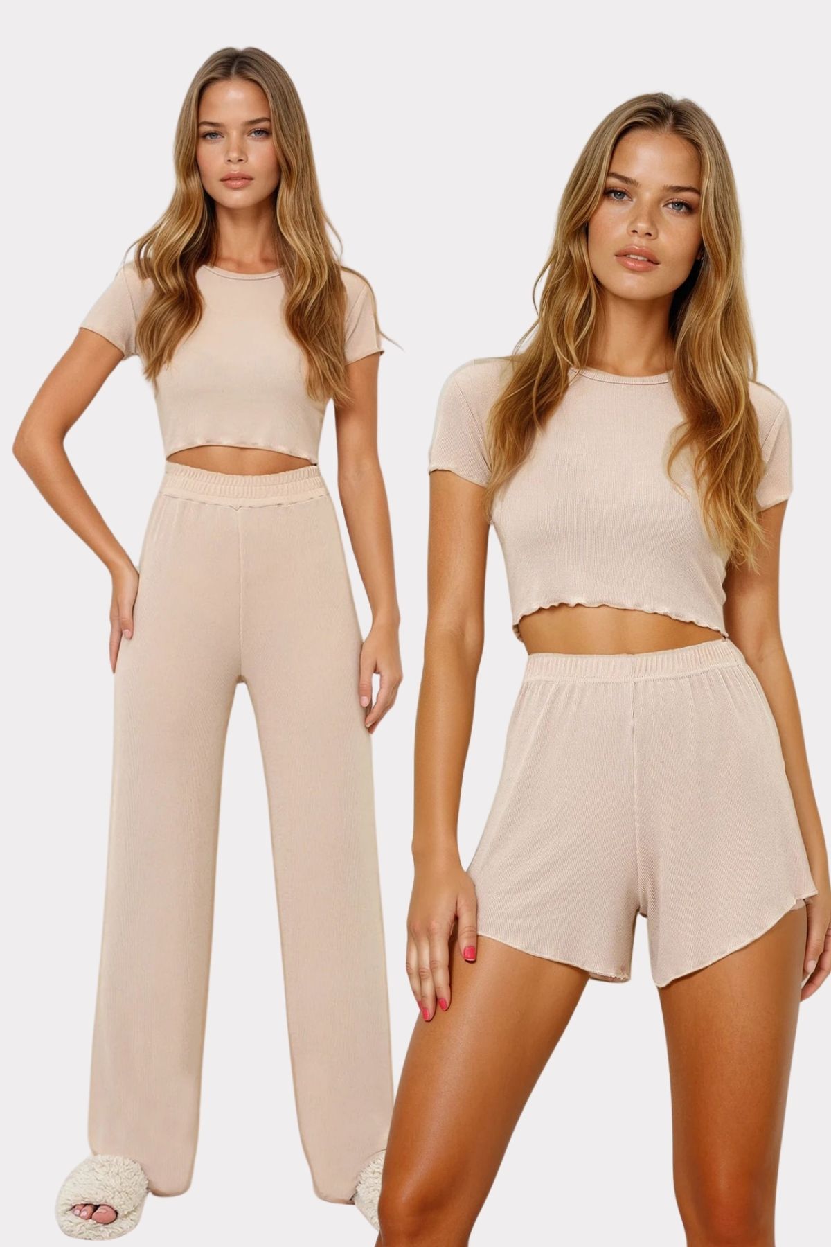 VAGGON Kadın Bej Bisiklet Yaka Crop Bluz, Şort Ve Pantolonlu 3 Lü Set Pijama Takımı Pjmx13916