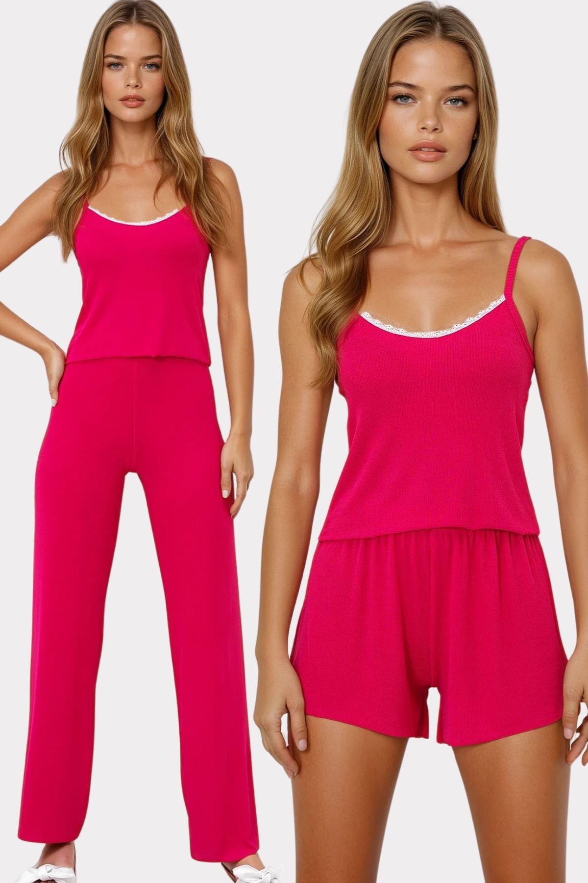 VAGGON Kadın Fuşya Ip Askılı Dantel Detaylı Bluz, Şort Ve Pantolonlu 3 Lü Set Pijama Takımı Pjmx13917