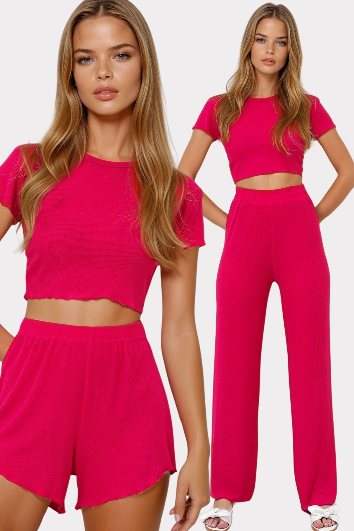 VAGGON Kadın Fuşya Bisiklet Yaka Crop Bluz, Şort Ve Pantolonlu 3 Lü Set Pijama Takımı Pjmx13916