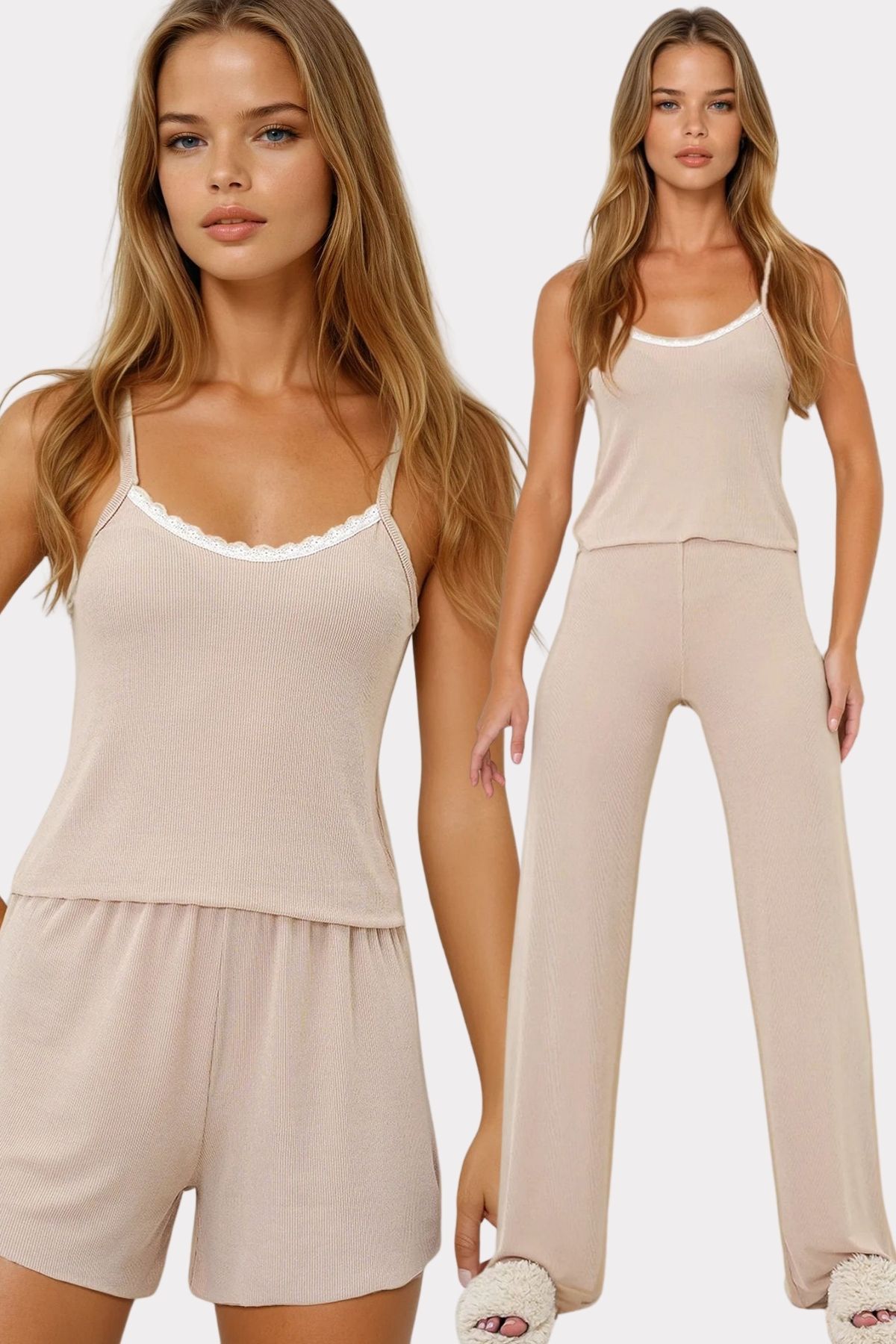 VAGGON Kadın Bej Ip Askılı Dantel Detaylı Bluz, Şort Ve Pantolonlu 3 Lü Set Pijama Takımı Pjmx13917