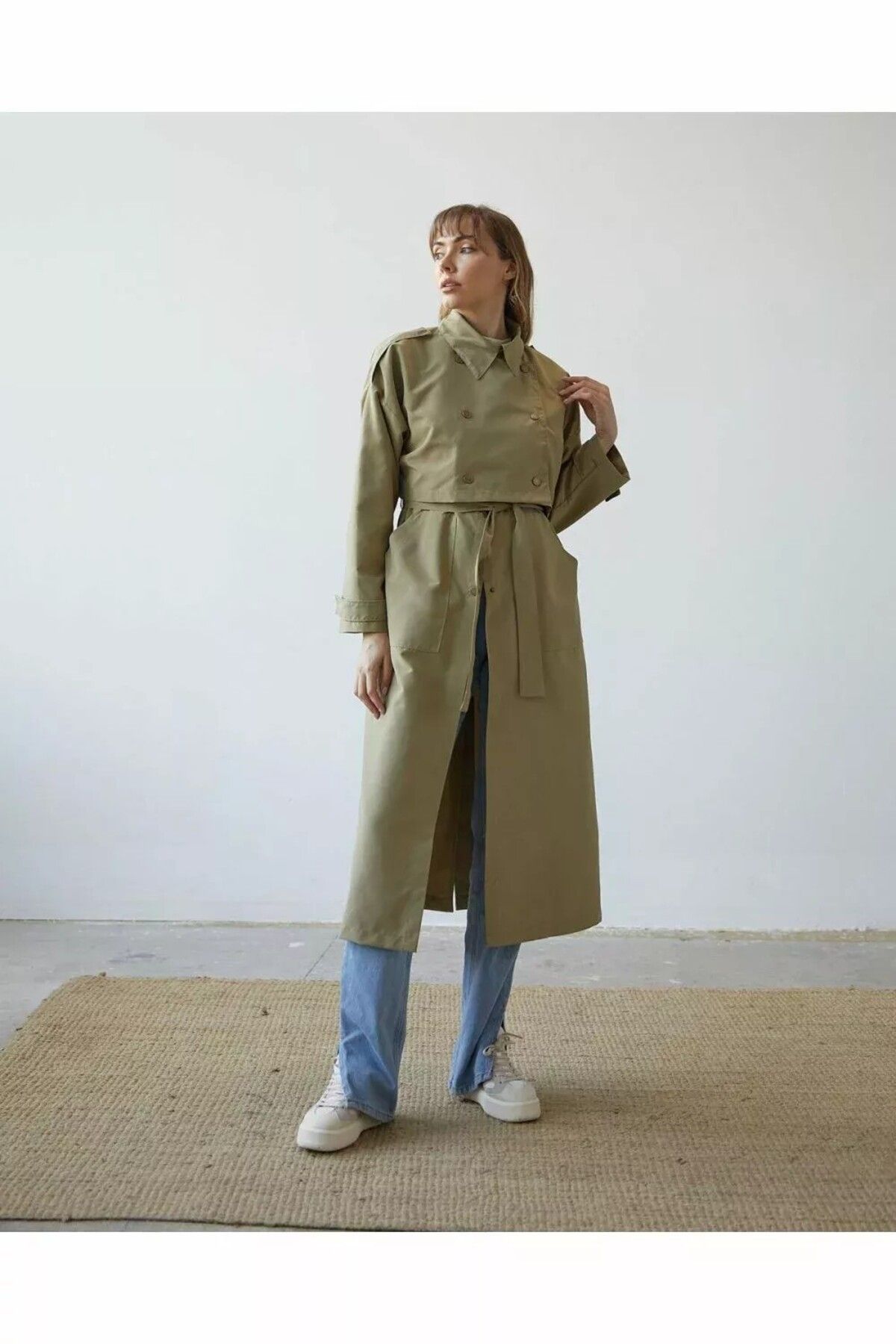 FERHEL Crop Yelek Detaylı Kruvaze Trençkot 1012