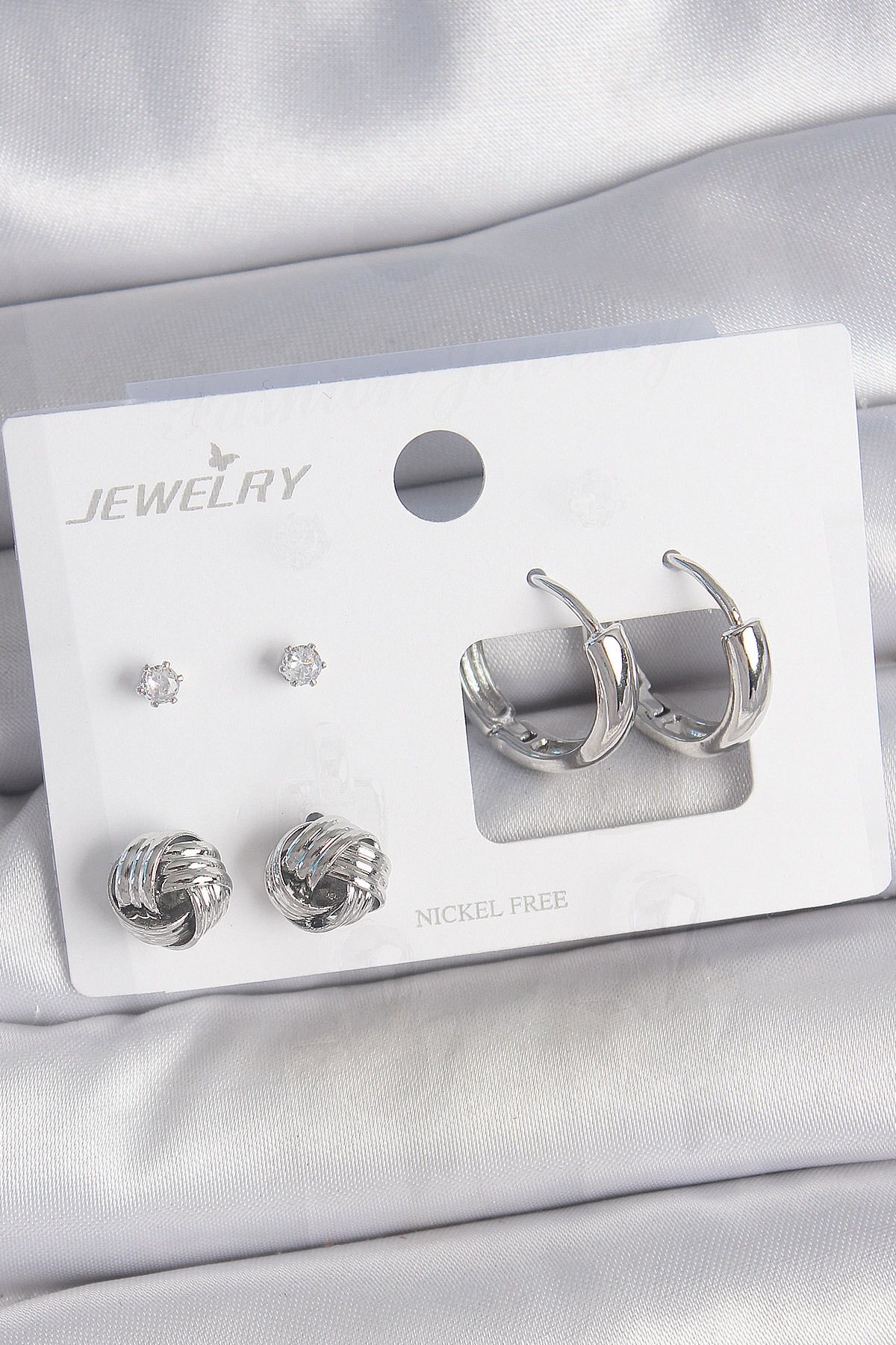 LovelymCo Pirinç Gümüş Renk Zirkon Taşlı Halka Model 3 Çift Kadın Küpe Seti - Lisinya