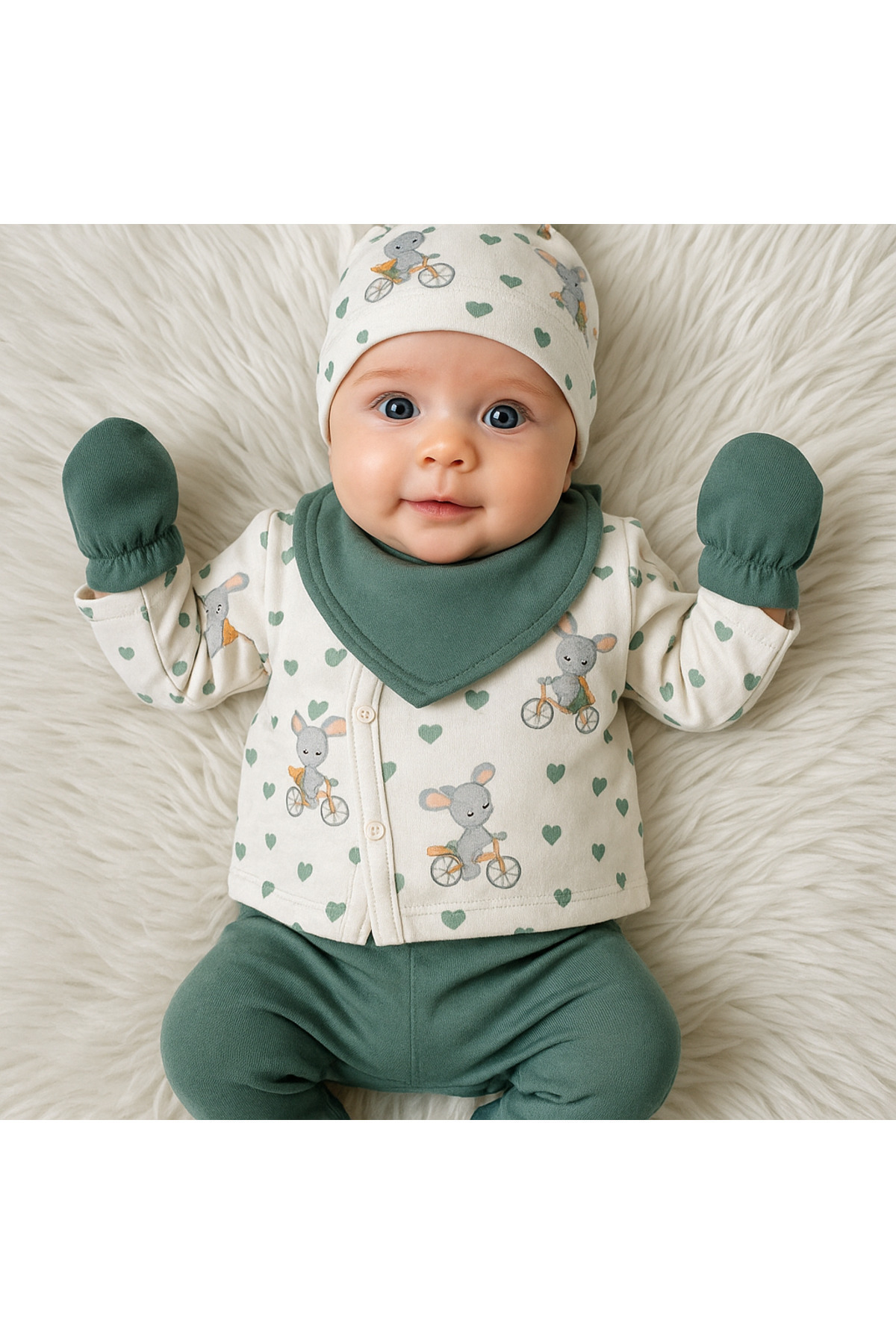 Linda Harris Koala on a Bicycle Pattern Zümrüt Yeşil 5’li Yenidoğan Unisex Bebek Hastane Çıkışı Seti fotoğrafı 2 (önizleme)