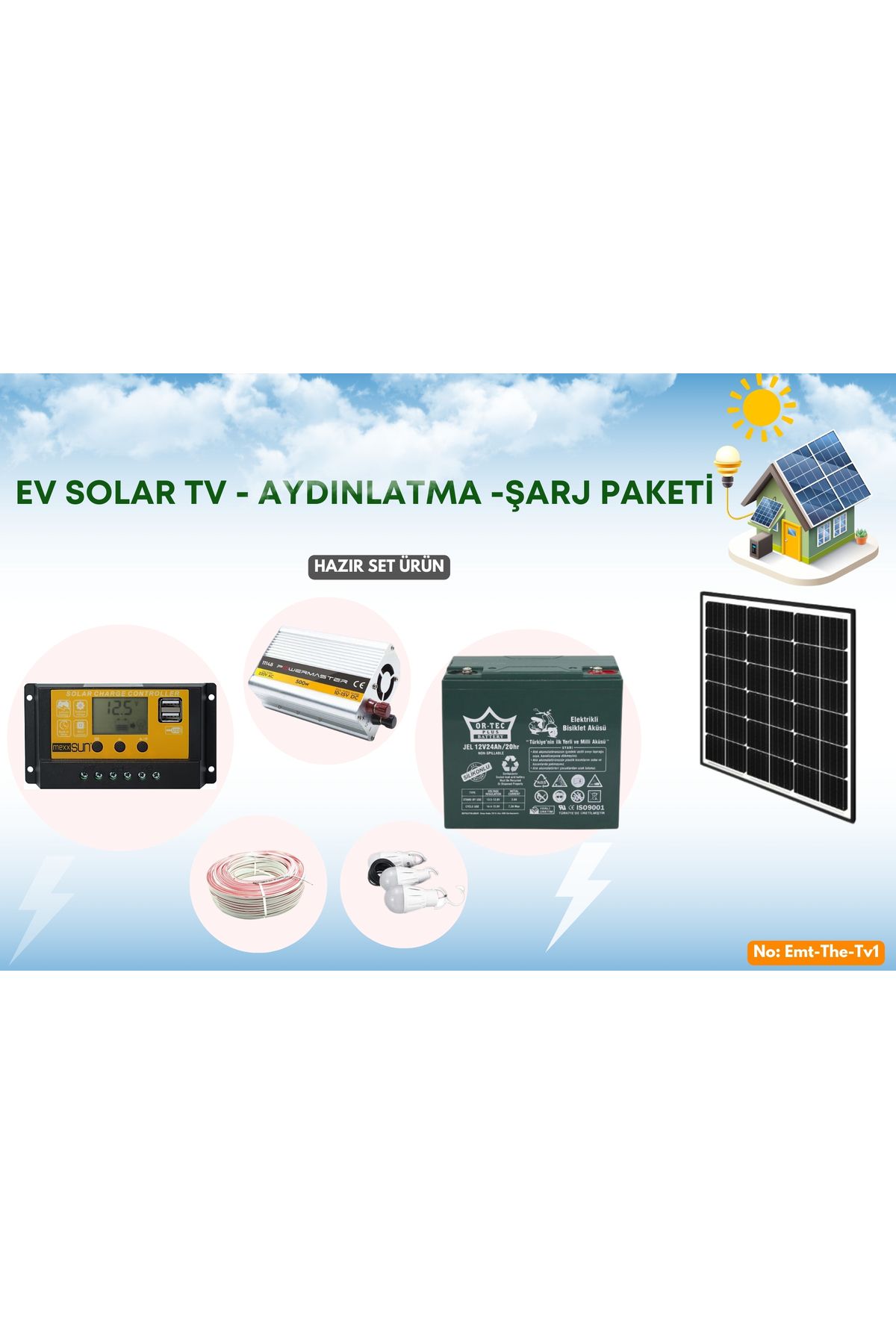 TNL Güneş Enerjisi Aydınlatma - Tv Paketi 500w Inverter 50w Güneş Paneli 24ah Jel Akü