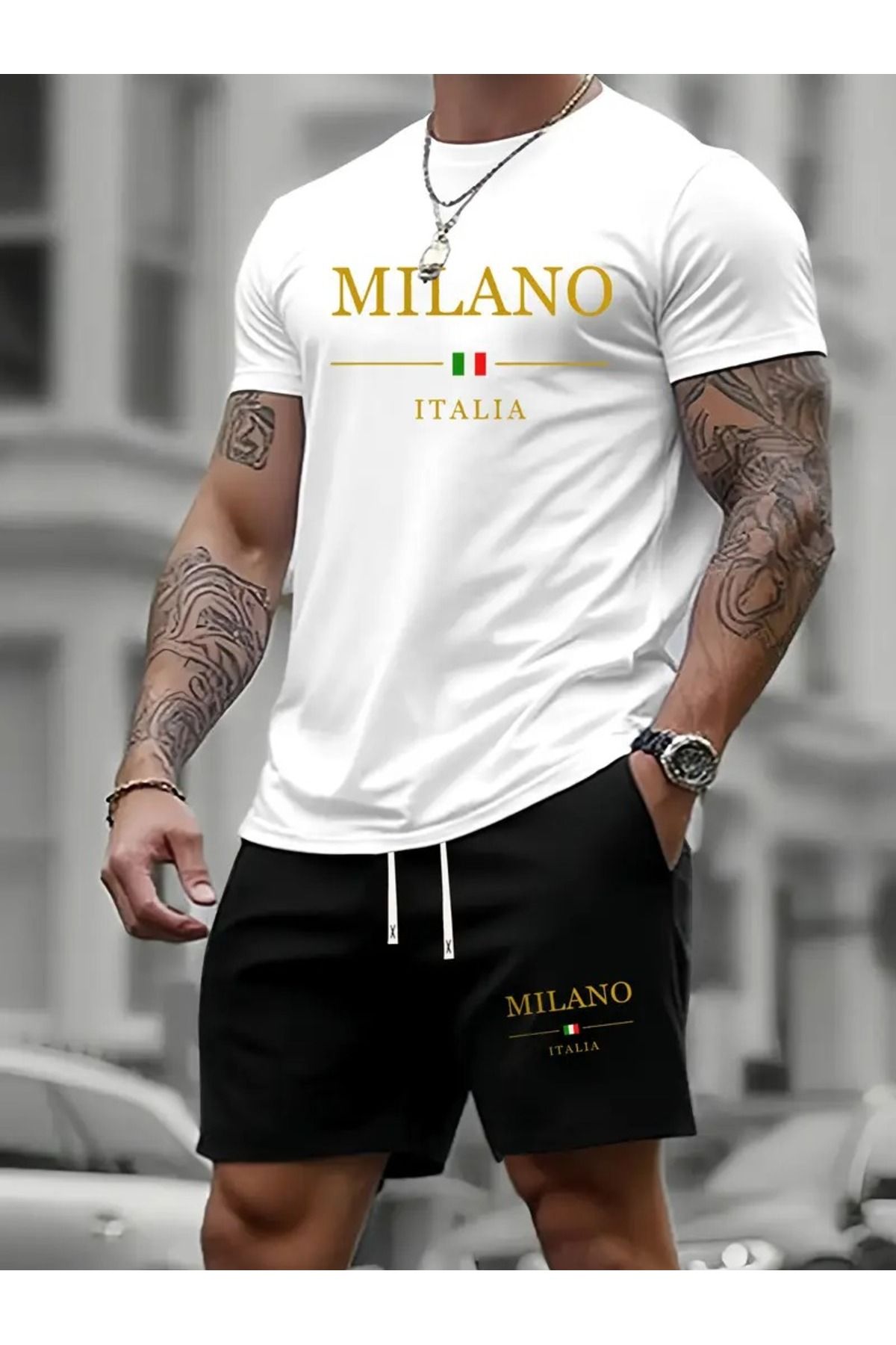 LAND MODA Erkekler için yaz trendi rahat iki parçalı takım, Milan İtalya baskılı şık ve çok yönlü spor terliğ