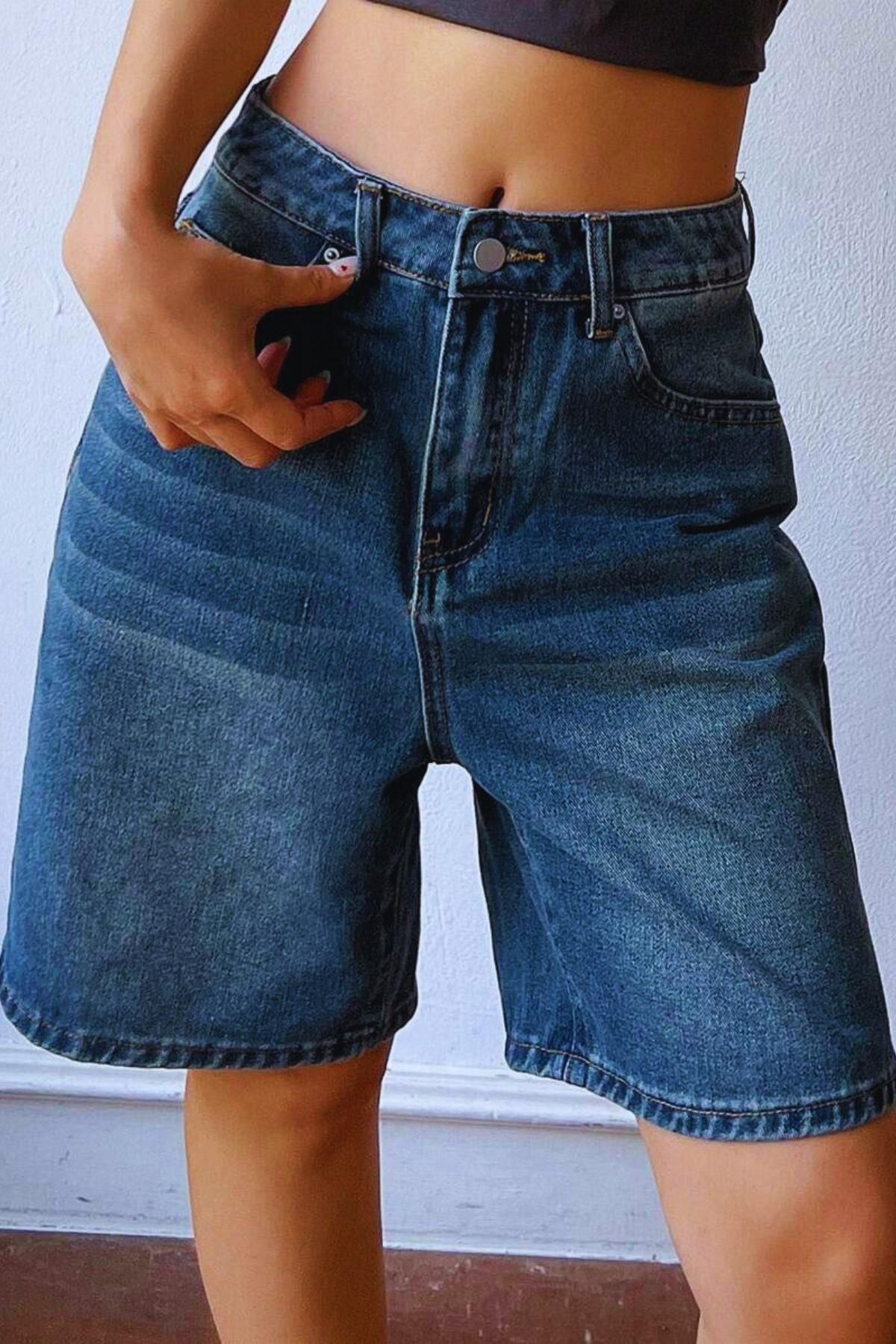 Polo State Kadın Yüksek Bel Bermuda Denim Şort Mavi