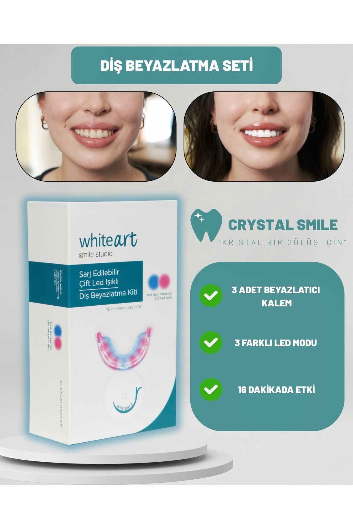 White Art Smile Studio Diş Beyazlatma Seti – Şarj Edilebilir 16 LED'li Yeni Nesil Kit
