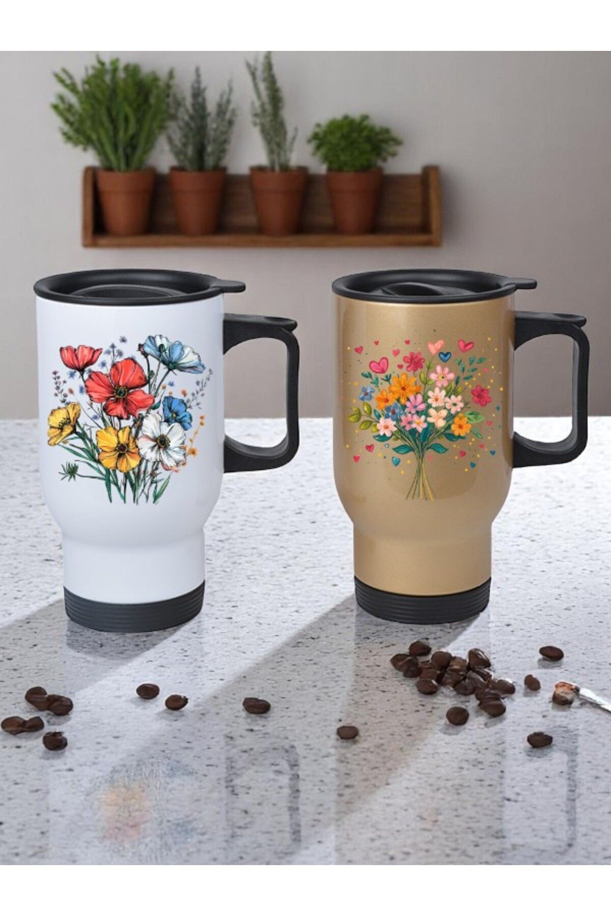 lili hediyelik Çiçek Baskılı 2'li Kulplu Çelik Bardak Termos 450 ml