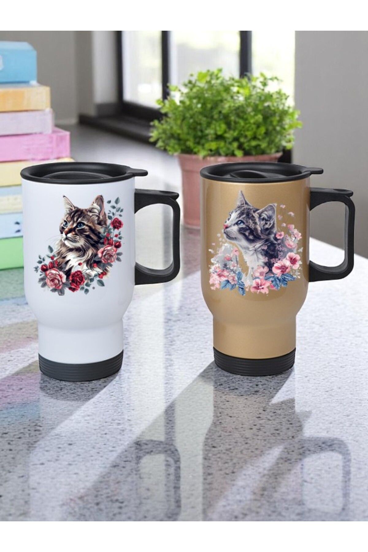 lili hediyelik Çiçekli Kedi Baskılı 2'li Kulplu Çelik Bardak Termos 450 ml