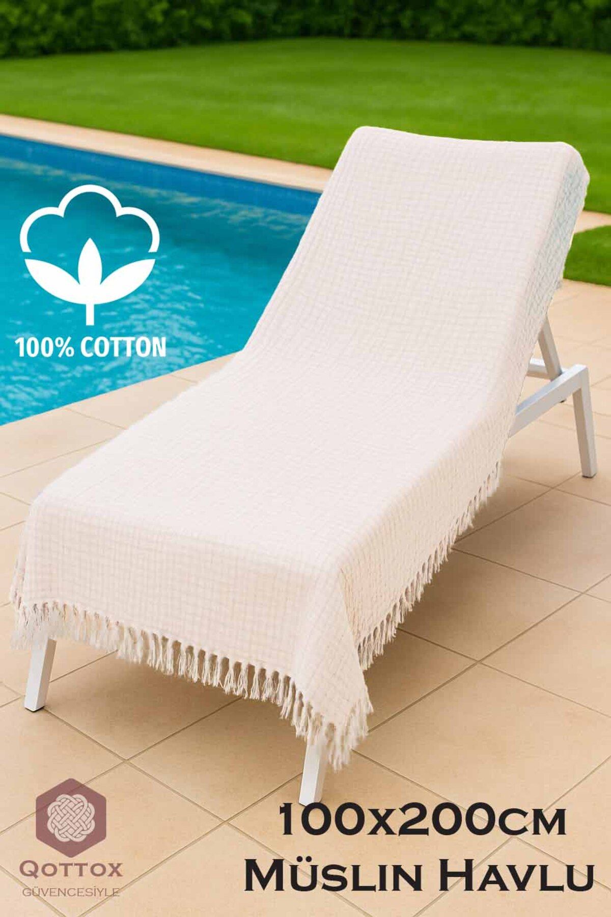 Qottox Şezlong Havlusu, Plaj Havlusu, 100x200 Müslin Plaj Havlusu, %100 Pamuklu Plaj Havlusu, 4Katlı Müslin