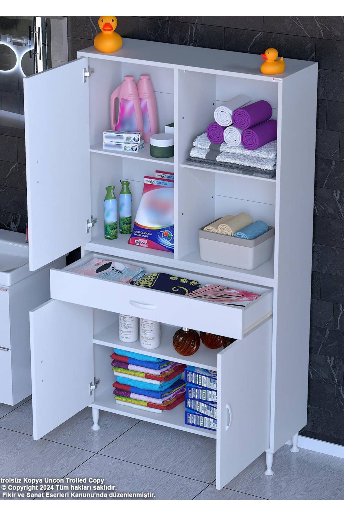 Modilayn 90 x 173 x 32,5 cm 1 Çekmece 3 Kapak 3 Raf 6 Göz Bölme Organizatör Mutfak Dolabı Çok Amaçlı Dolap