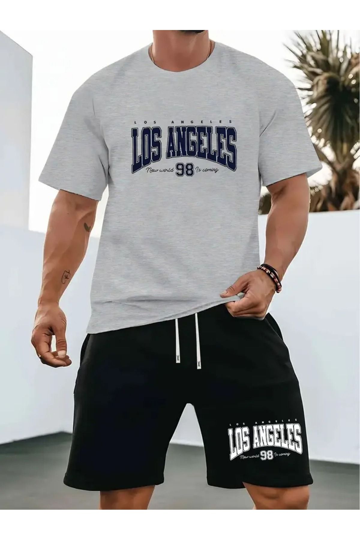 LAND MODA Yeni Yaz Erkekler' için Rahat Spor ve Eğlence Kıyafeti Yuvarlak Yaka T-Shirt Kısa Kollu + Şort, Örgü