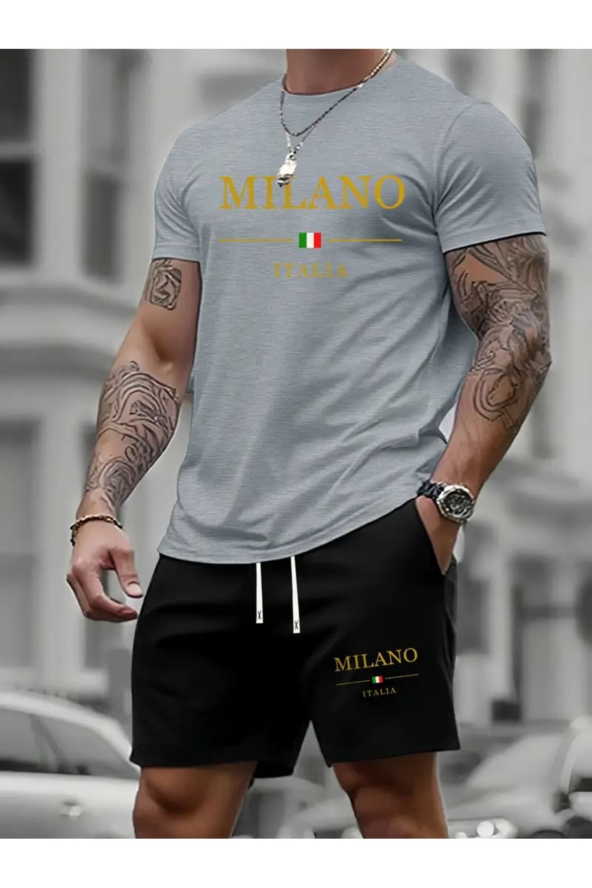 LAND MODA Erkekler için yaz trendi rahat iki parçalı takım, Milan İtalya baskılı şık ve çok yönlü spor terliğ