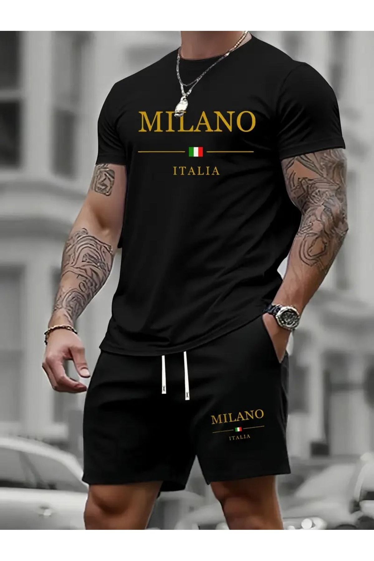LAND MODA Erkekler için yaz trendi rahat iki parçalı takım, Milan İtalya baskılı şık ve çok yönlü spor terliğ