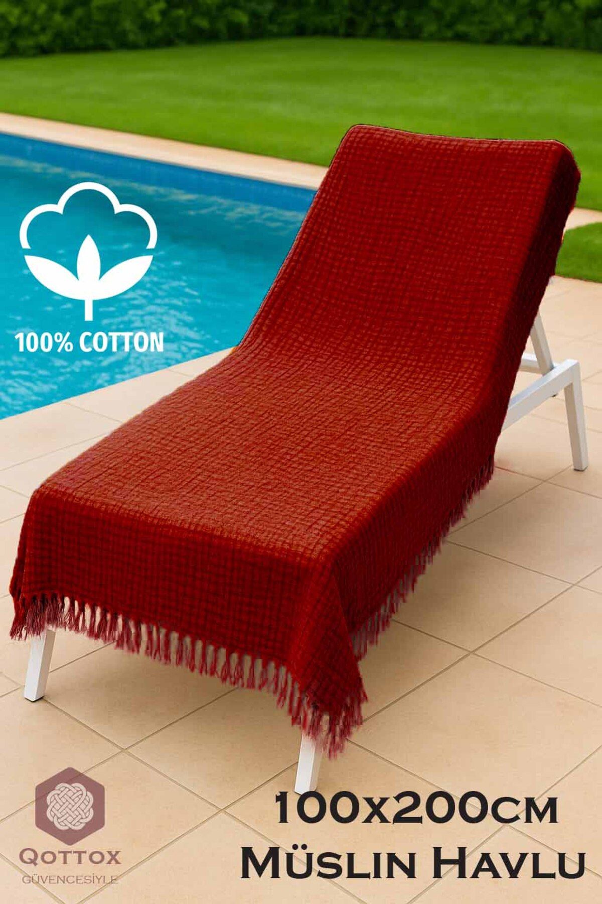 Qottox Şezlong Havlusu, Plaj Havlusu, 100x200 Müslin Plaj Havlusu, %100 Pamuklu Plaj Havlusu, 4Katlı Müslin