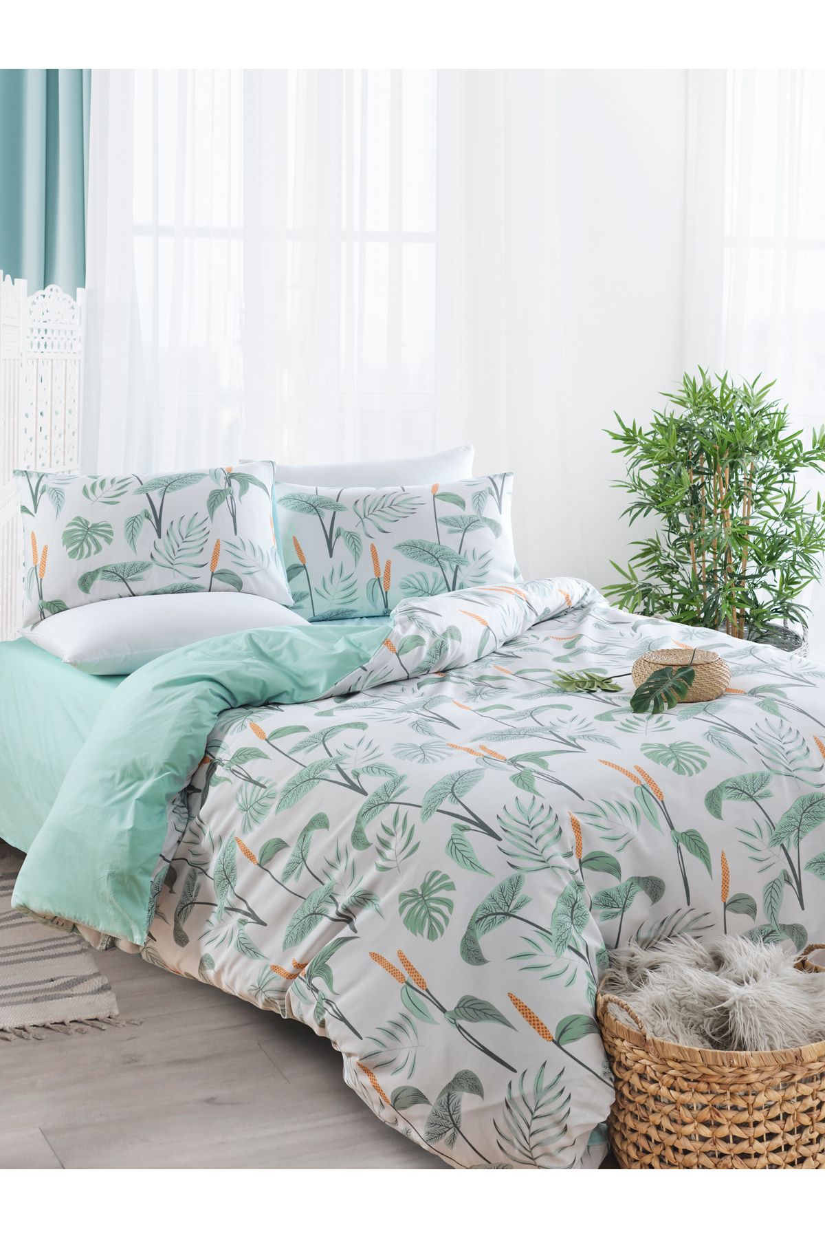 Eponj Home Çift Kişilik Pamuklu Nevresim Takımı 4 Parça – Florea Desen – Yeşil / Yumuşak Dokulu