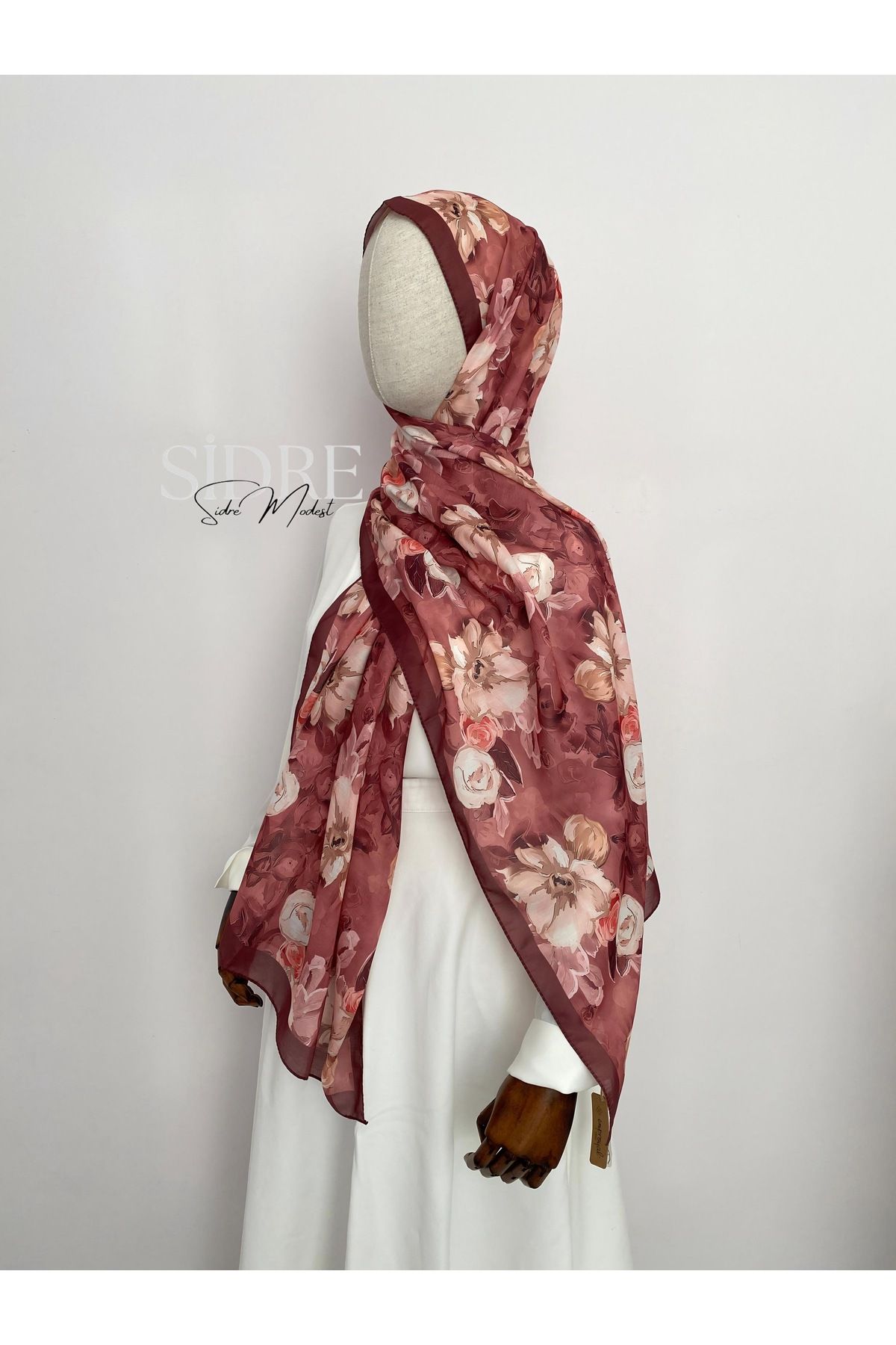 SİDRE MODEST Çiçek Desenli Bordo Şal