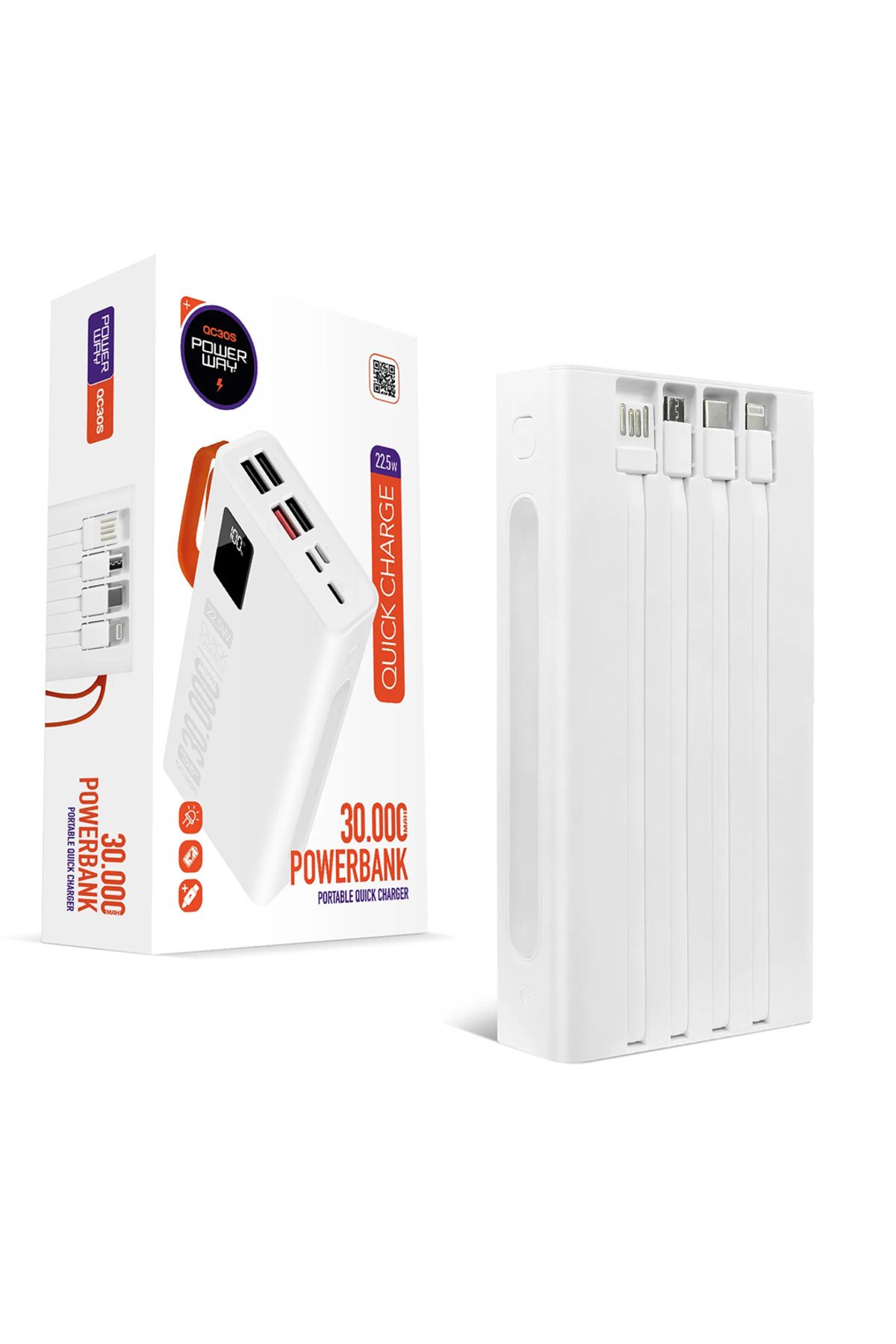 Modafiks 30000 MAH DİJİTAL GÖSTERGELİ KENDİNDEN KABLOLU POWERBANK (4767)