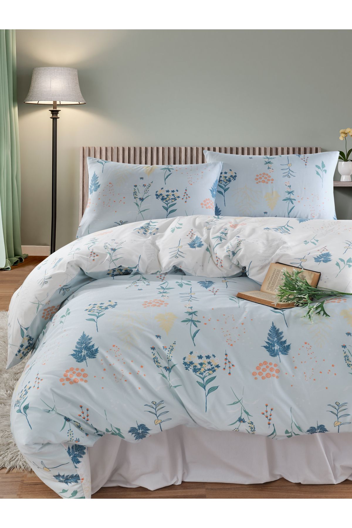Eponj Home Çift Kişilik Pamuklu Nevresim Takımı 4 Parça – Hanami Desen – Mint / Yumuşak Dokulu