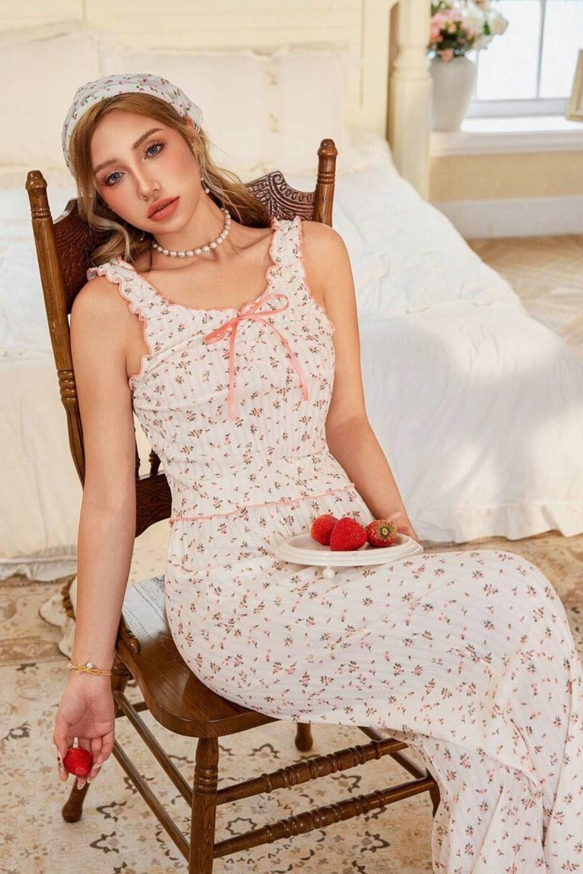 BELLA NOTTE Vintage Pembe Fiyonklu Askılı Yazlık Pijama Takımı