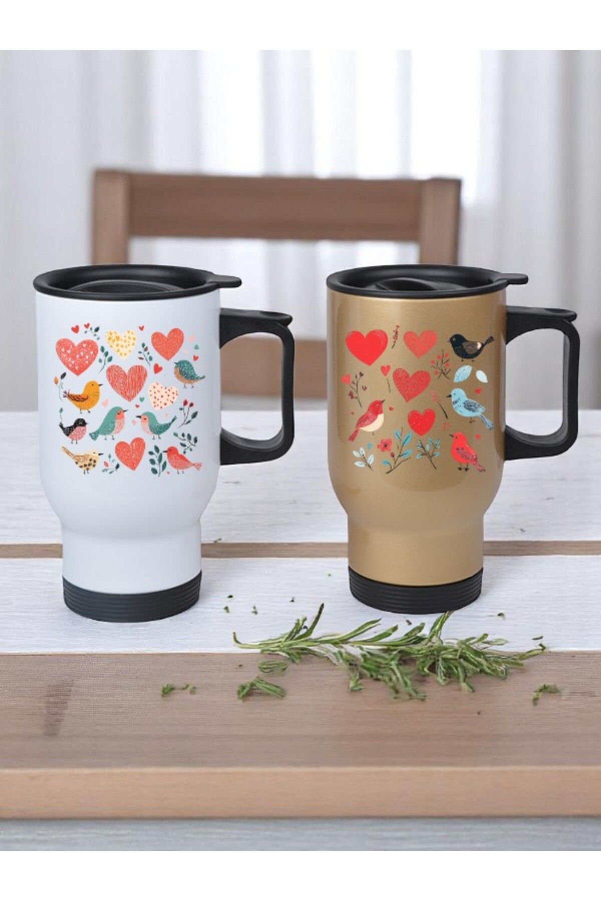 lili hediyelik Kuşlar ve Kalpler Baskılı 2'li Kulplu Çelik Bardak Termos 450 ml