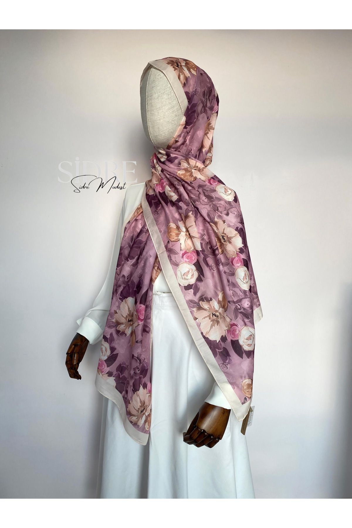SİDRE MODEST Çiçek Desenli Mor Şal