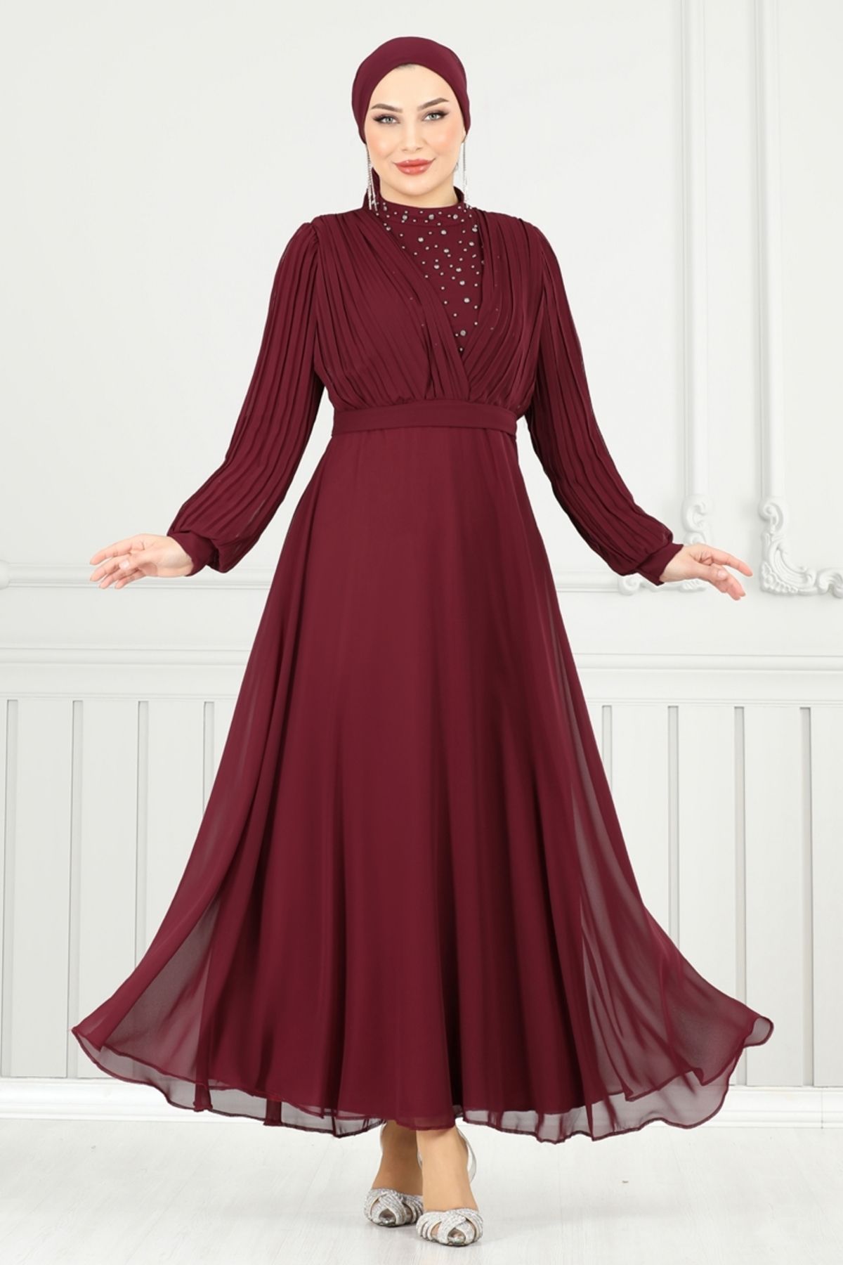 Modaselvim Taşlı Şifon Abiye 0404ALG474 Bordo
