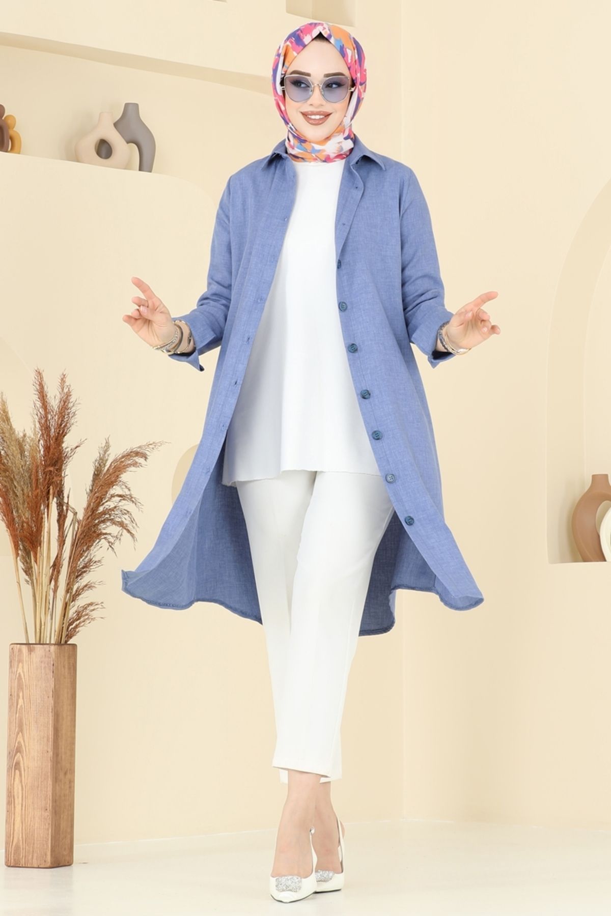 Modaselvim Yırtmaç Düğmeli Keten Tunik 3047KTR750 Açık İndigo
