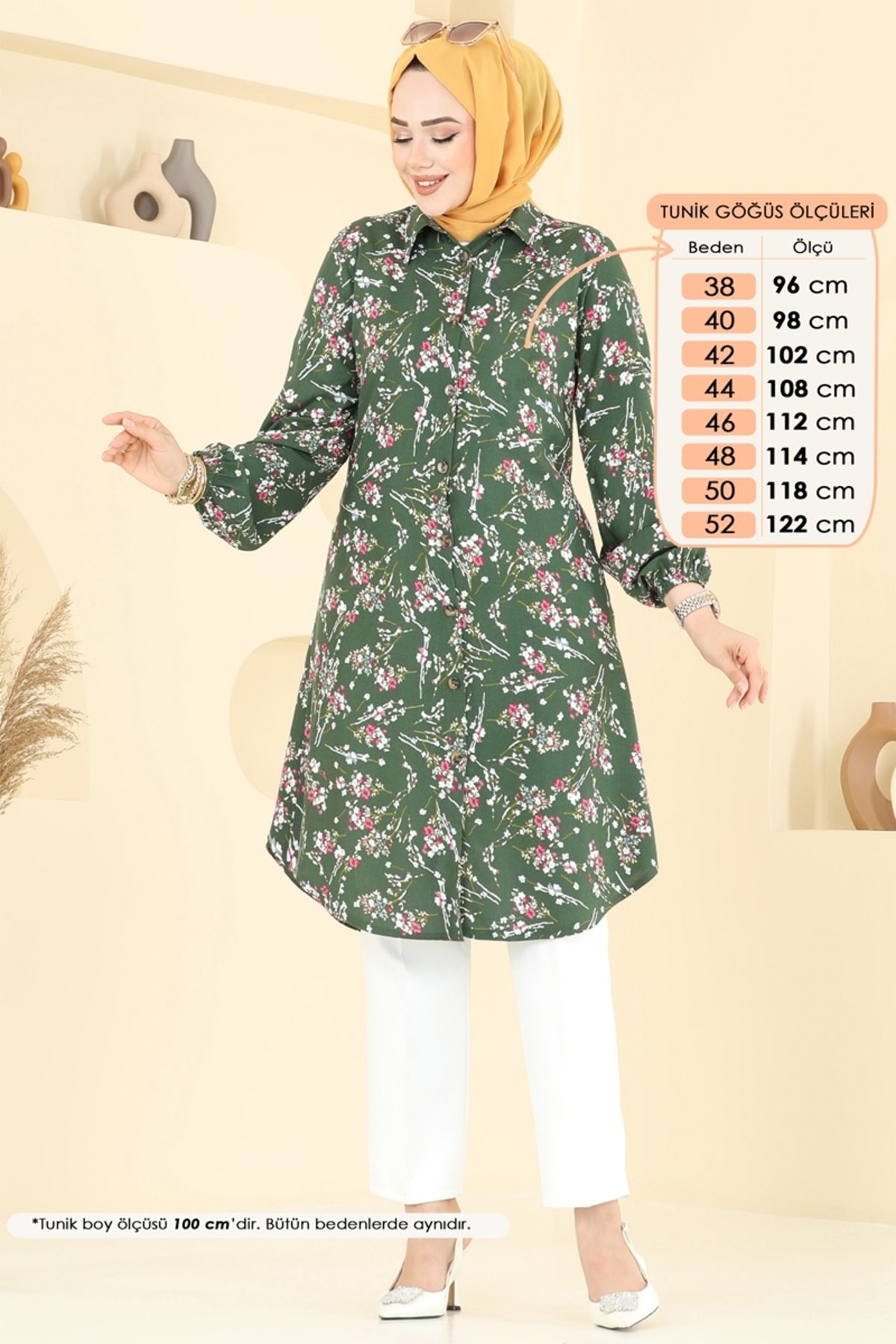 Modaselvim Çiçek Desen Viskon Tunik 0174BG354 Haki