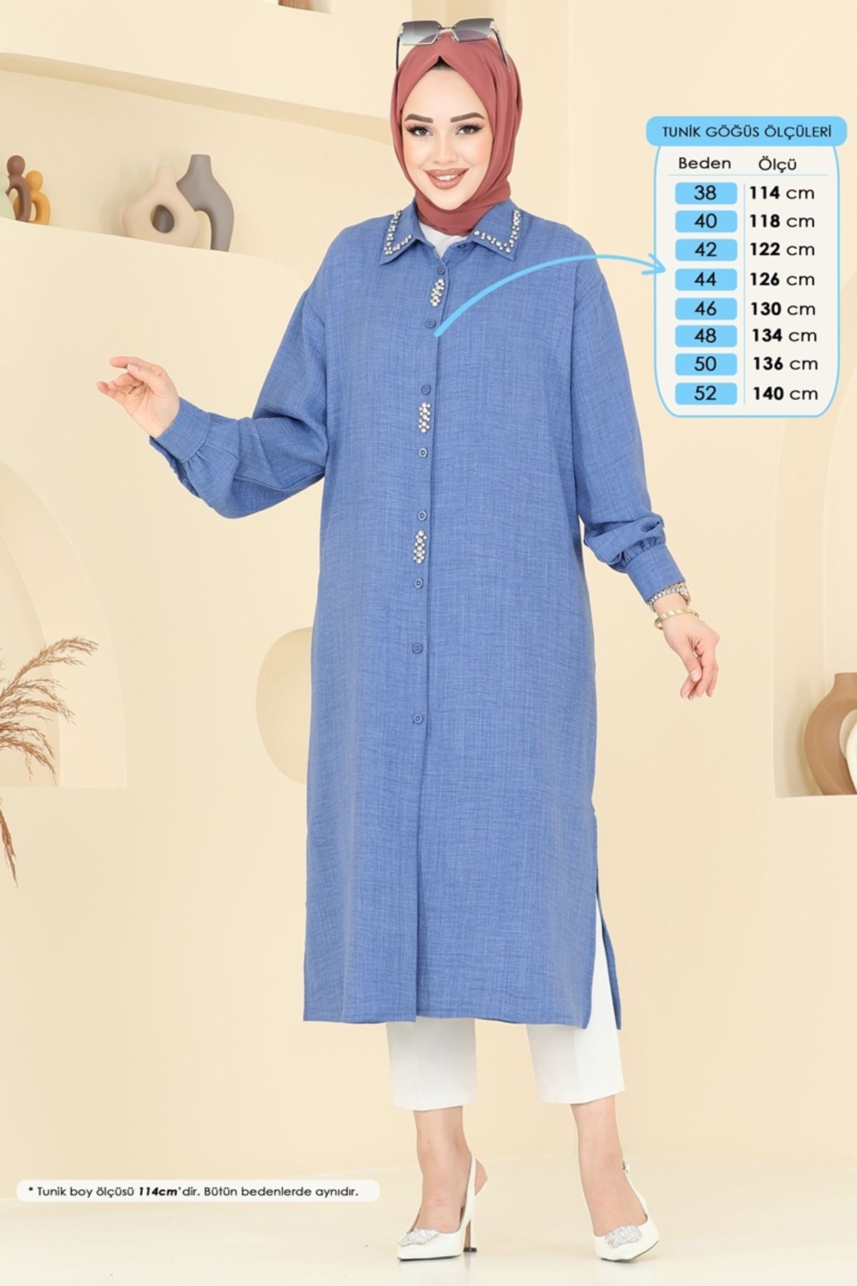 Modaselvim Taş Detay Keten Tunik 302HBS856 İndigo
