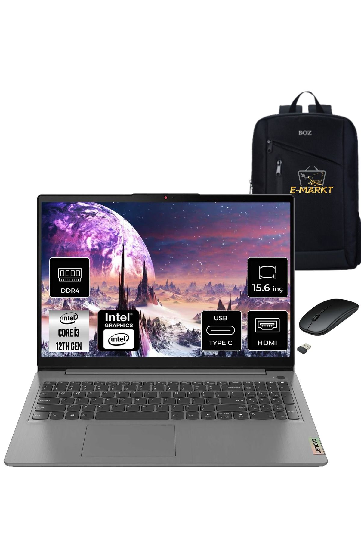 LENOVO Ideapad Intel Core i3 1215U 24GB 256GB SSD 15.6" DOS Taşınabilir Bilgisayar+Boz Çanta, Mouse