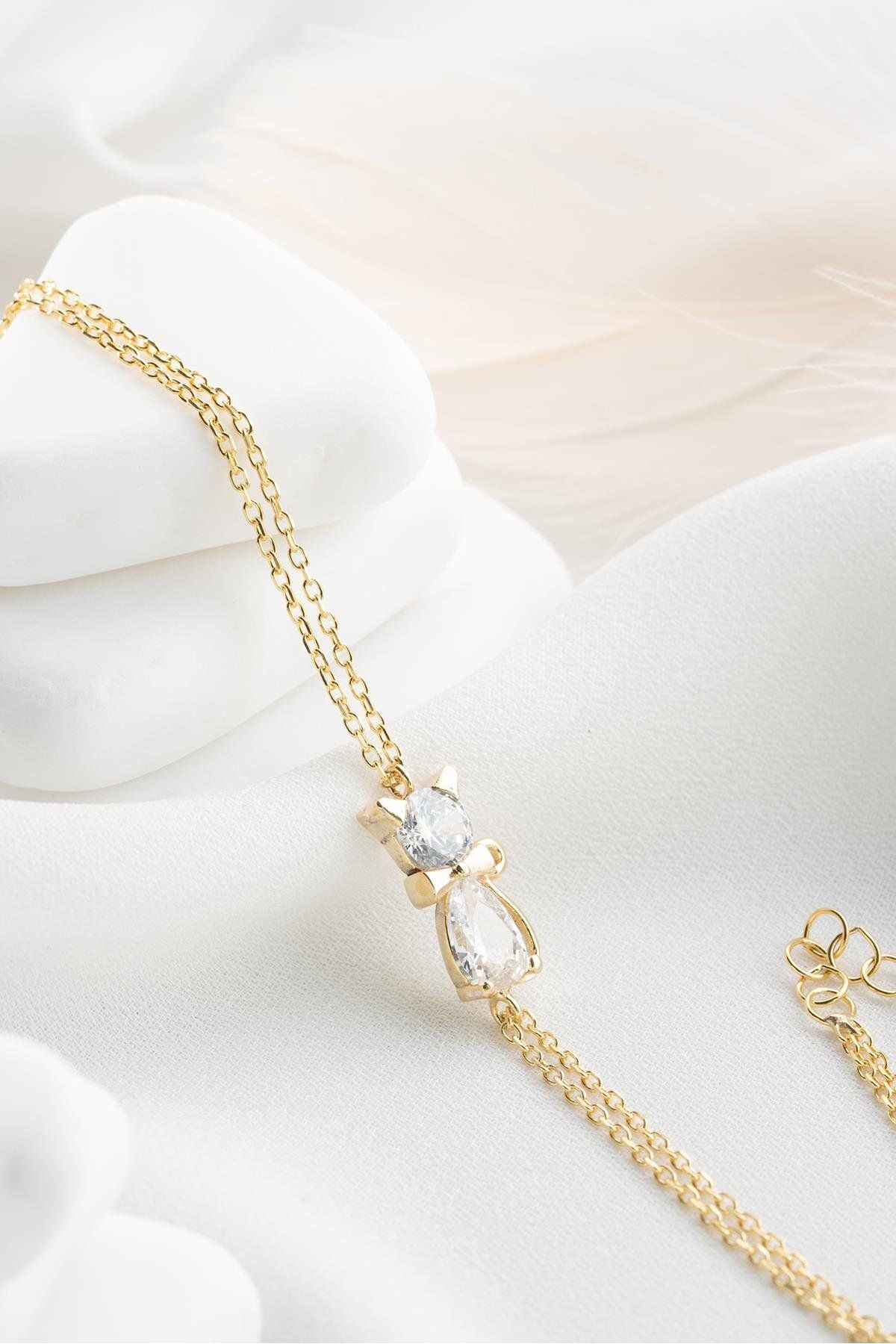 Nereze 925 Ayar Gümüş Gold Kaplama Beyaz Zirkon Taşlı Kedi Bileklik