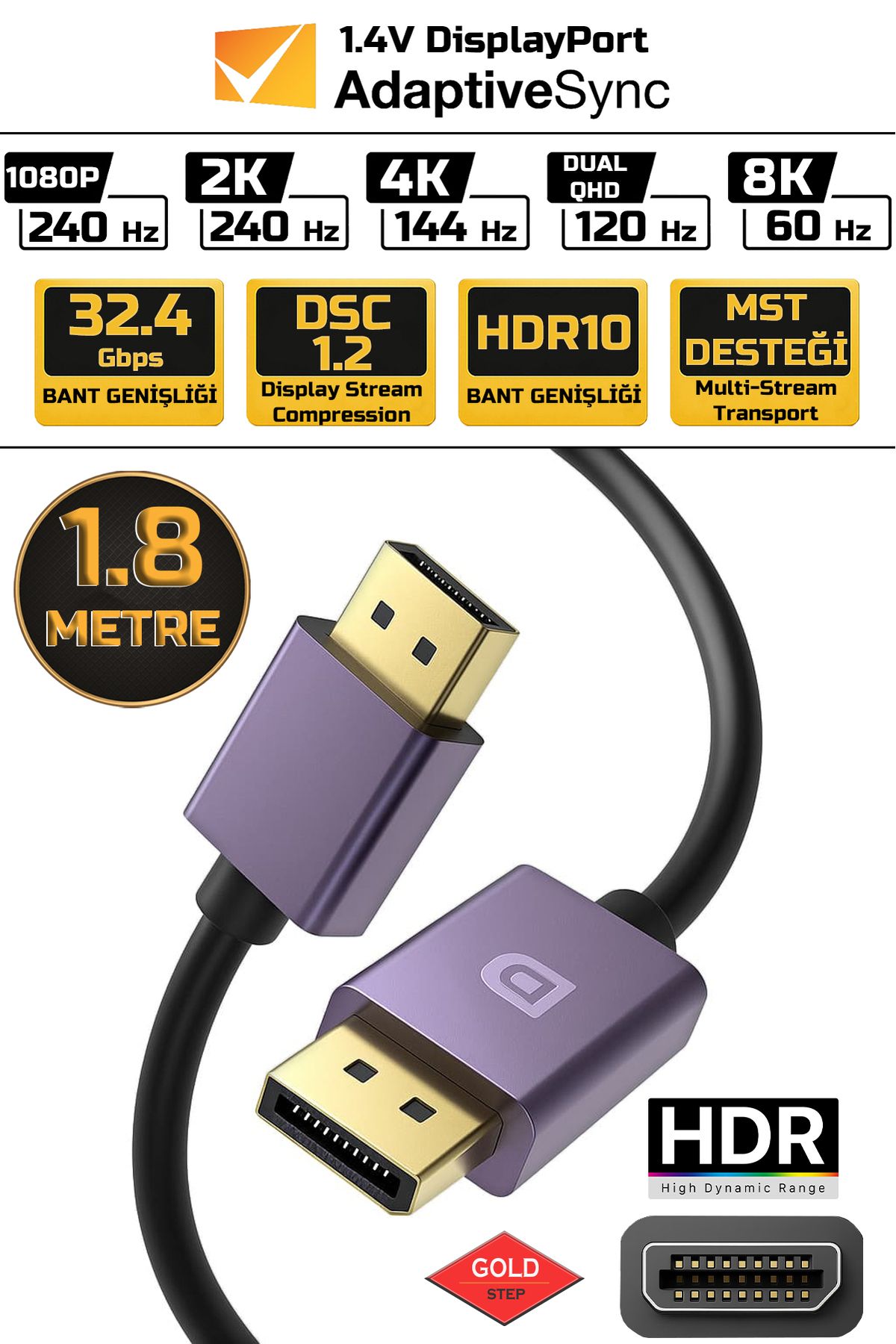Gold Step DisplayPort 1.4V 1.8 Metre – 8K 60Hz 4K 120Hz 2K 240Hz - 32.4Gbps - HDR10 - DSC - VRR Uyumlu