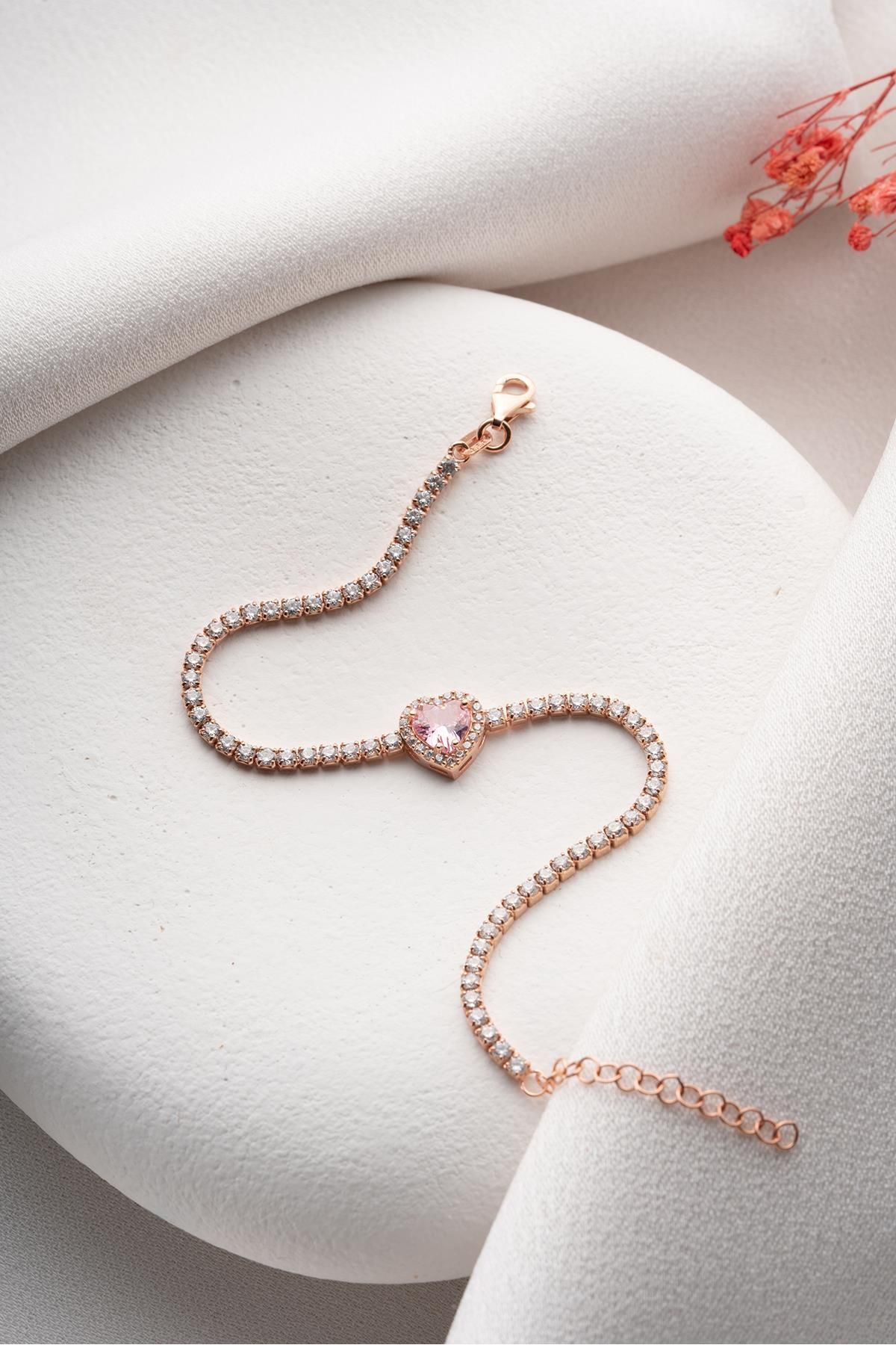 Nereze 925 Ayar Gümüş Rose Kaplama Pembe Taşlı Kalp 2 mm Zirkon Taşlı Suyolu Bileklik