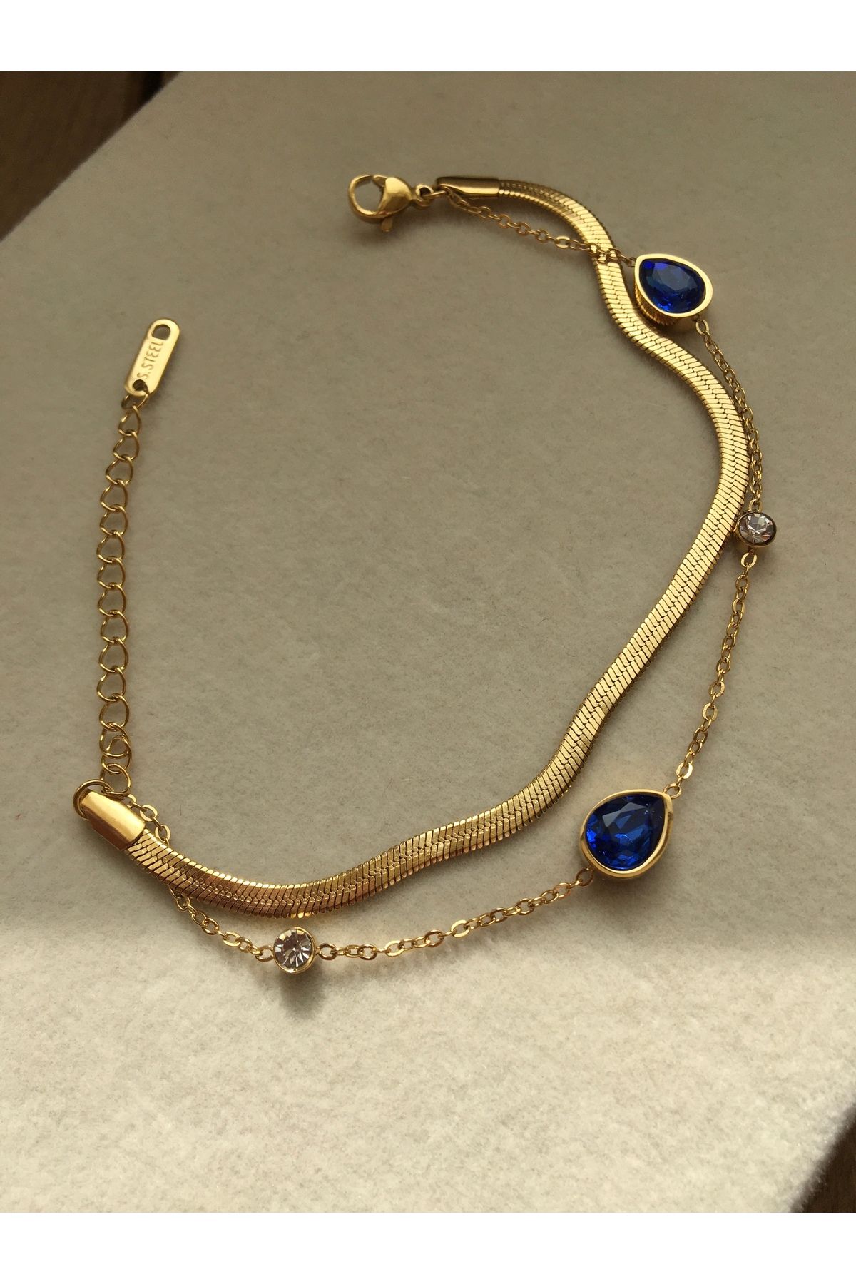 GUNESTAKI Kadın Gold Mavi Taşlı İtalyan Zincir Çelik Bileklik