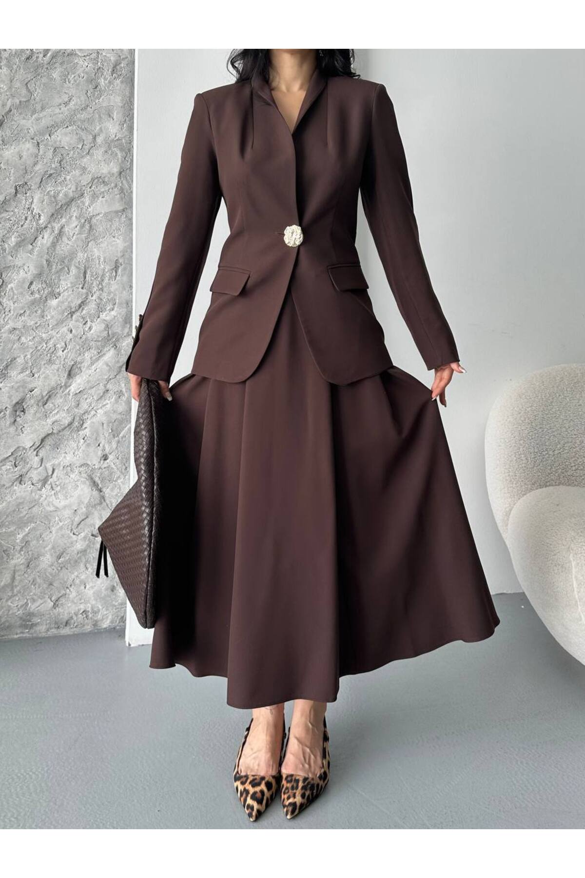 Women's Gold Button Skirt Suit Brown - Görsel 5