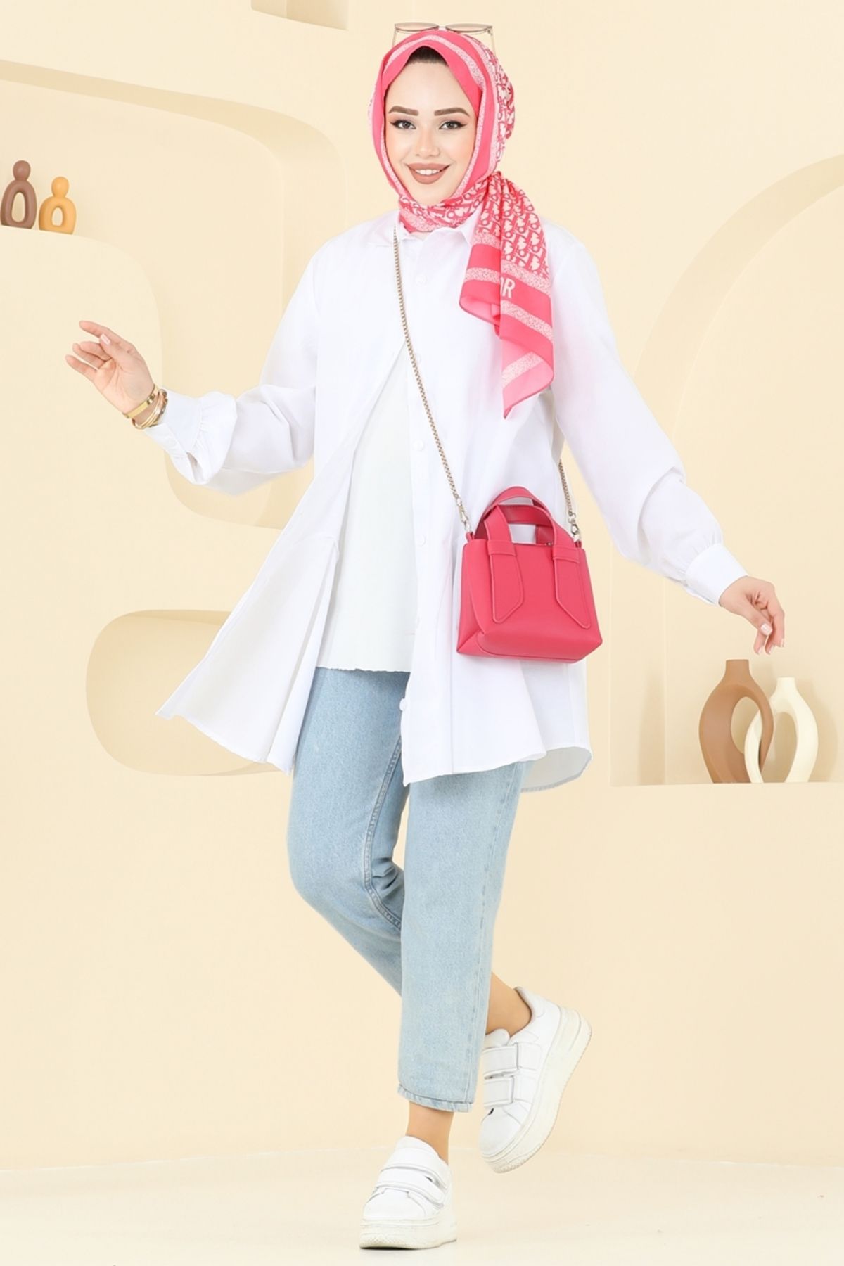 Modaselvim Kemeri Tokalı Tesettür Tunik 256ASN888 Ekru