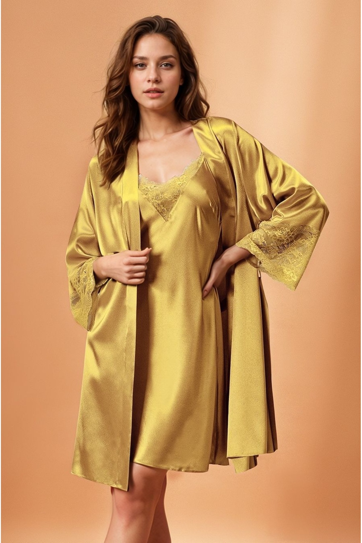 Loule Kadın Ev Giyim Saten Dantel Detaylı Kimono & Sabahlık İkili Takım O1.NRT.L00.I42