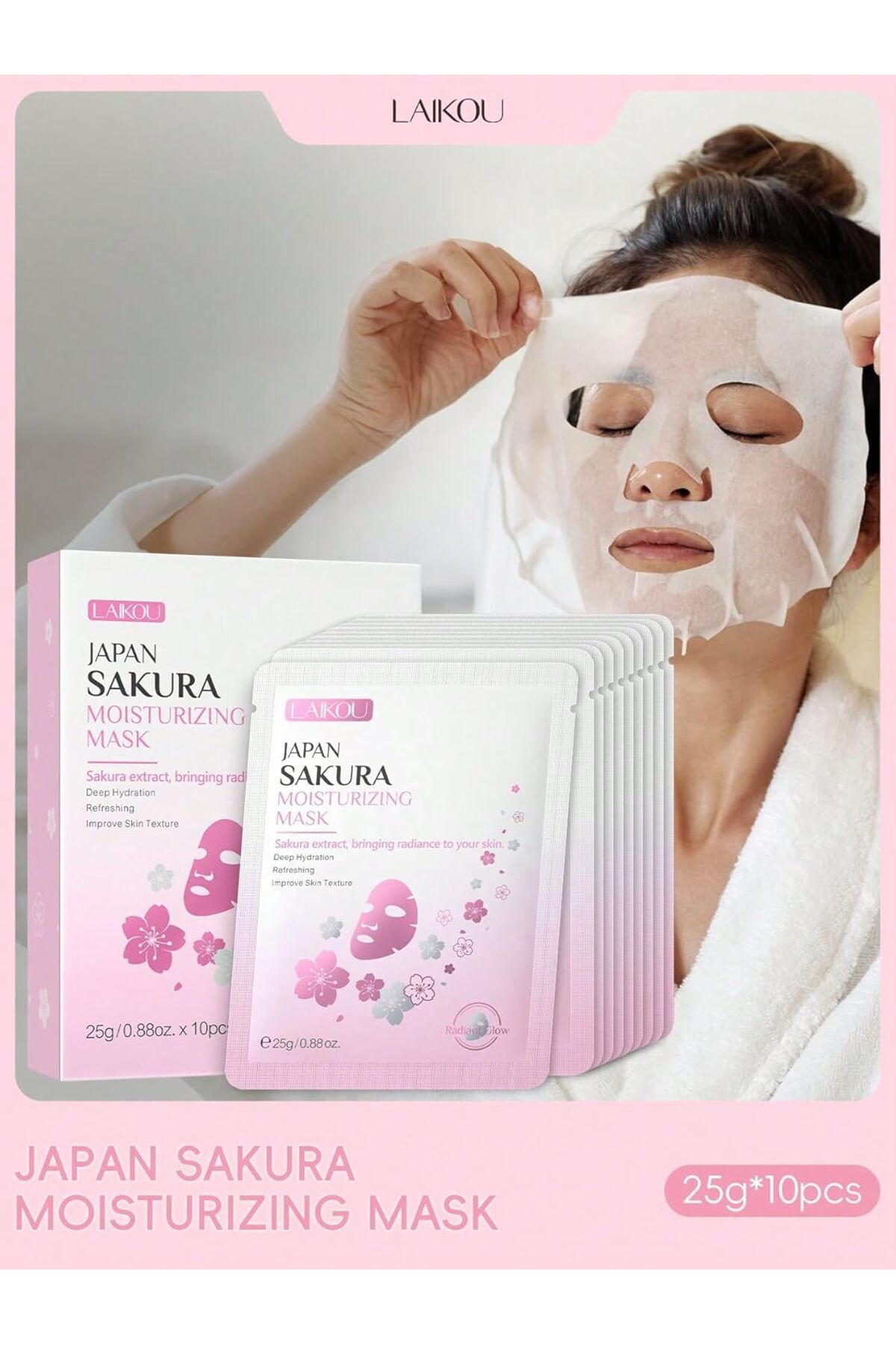 LAIKOU Japan Sakura 10 Adet Nemlendirici Yüz Maskesi, Işıltılı Parlaklık, Kore Cilt Bakımı