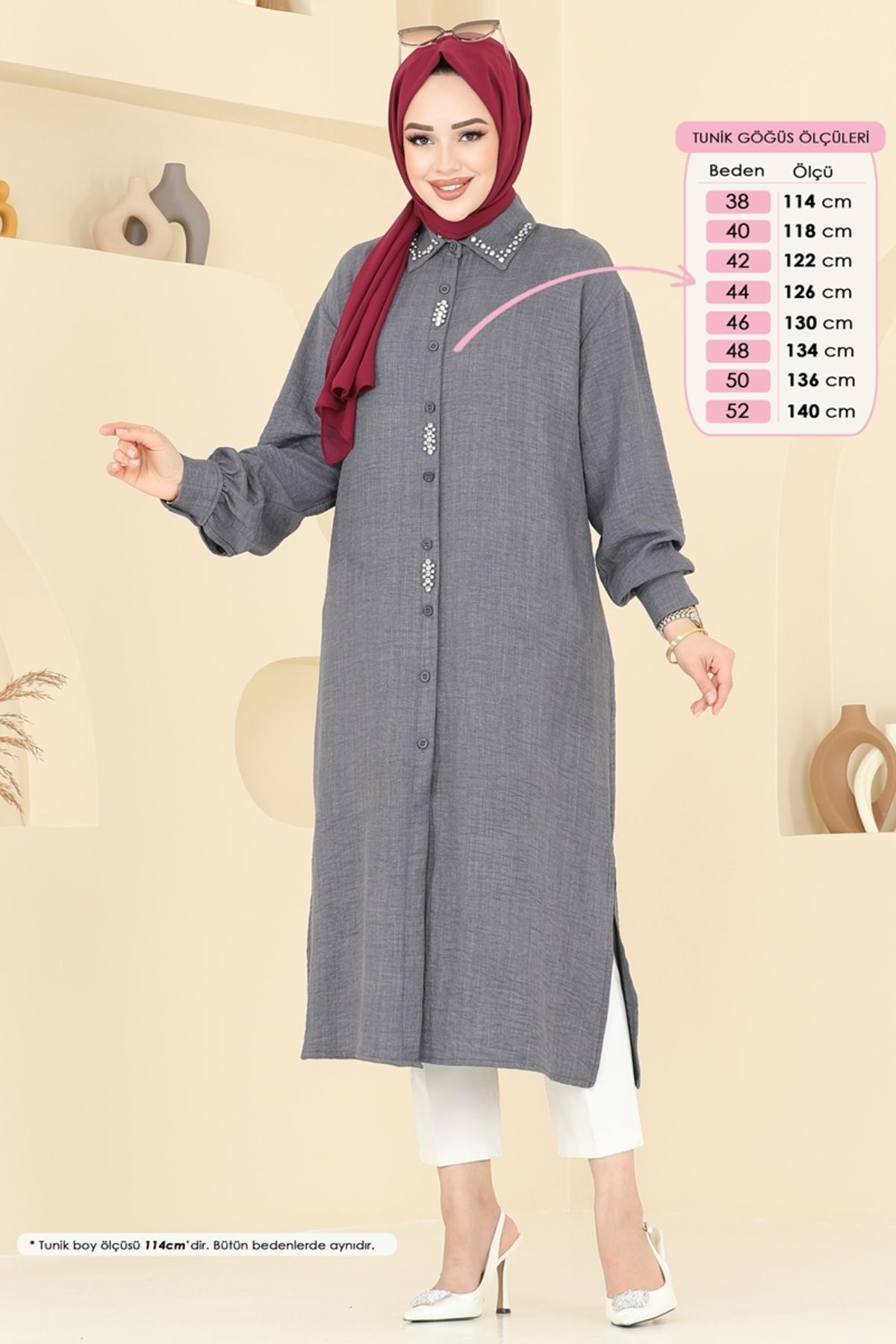 Modaselvim Taş Detay Keten Tunik 302HBS856 Antrasit