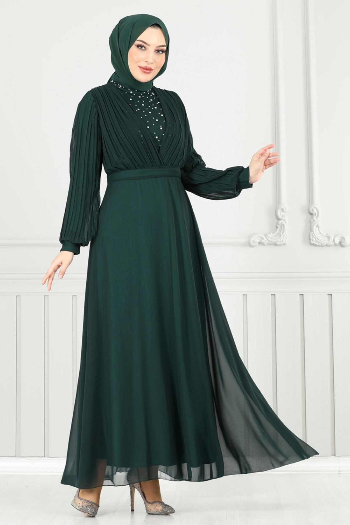Modaselvim Taşlı Şifon Abiye 0404ALG474 Zümrüt