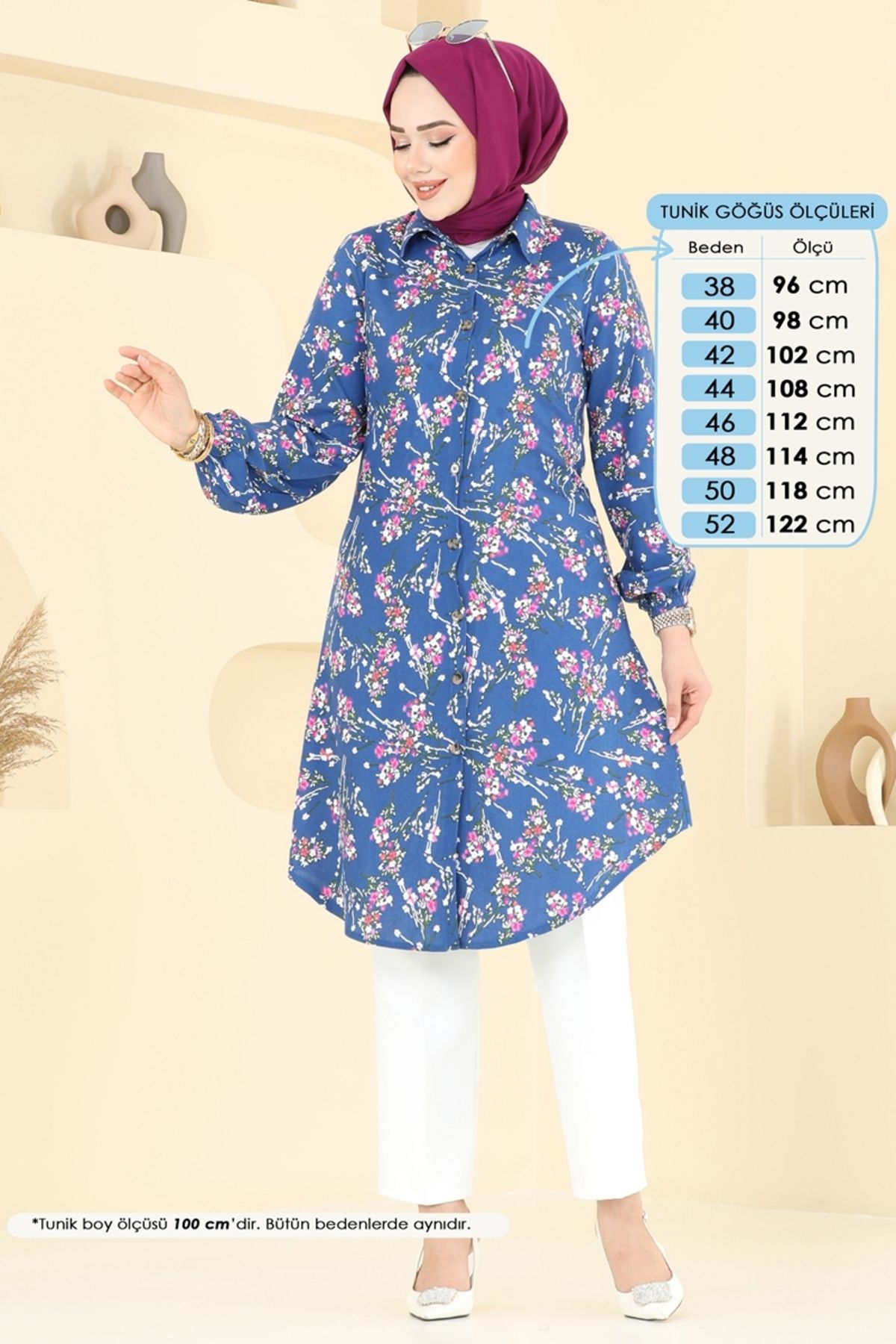 Modaselvim Çiçek Desen Viskon Tunik 0174BG354 İndigo