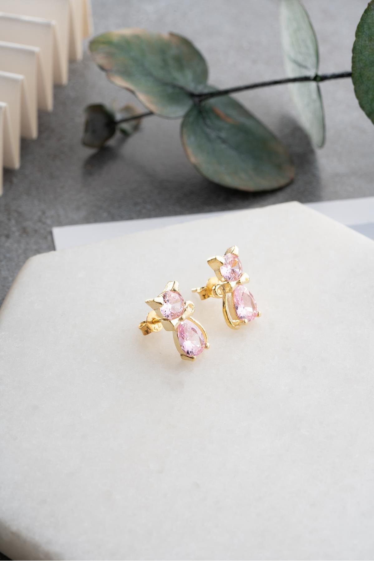 Nereze 925 Ayar Gümüş Gold Kaplama Pembe Zirkon Taşlı Kedi Küpe