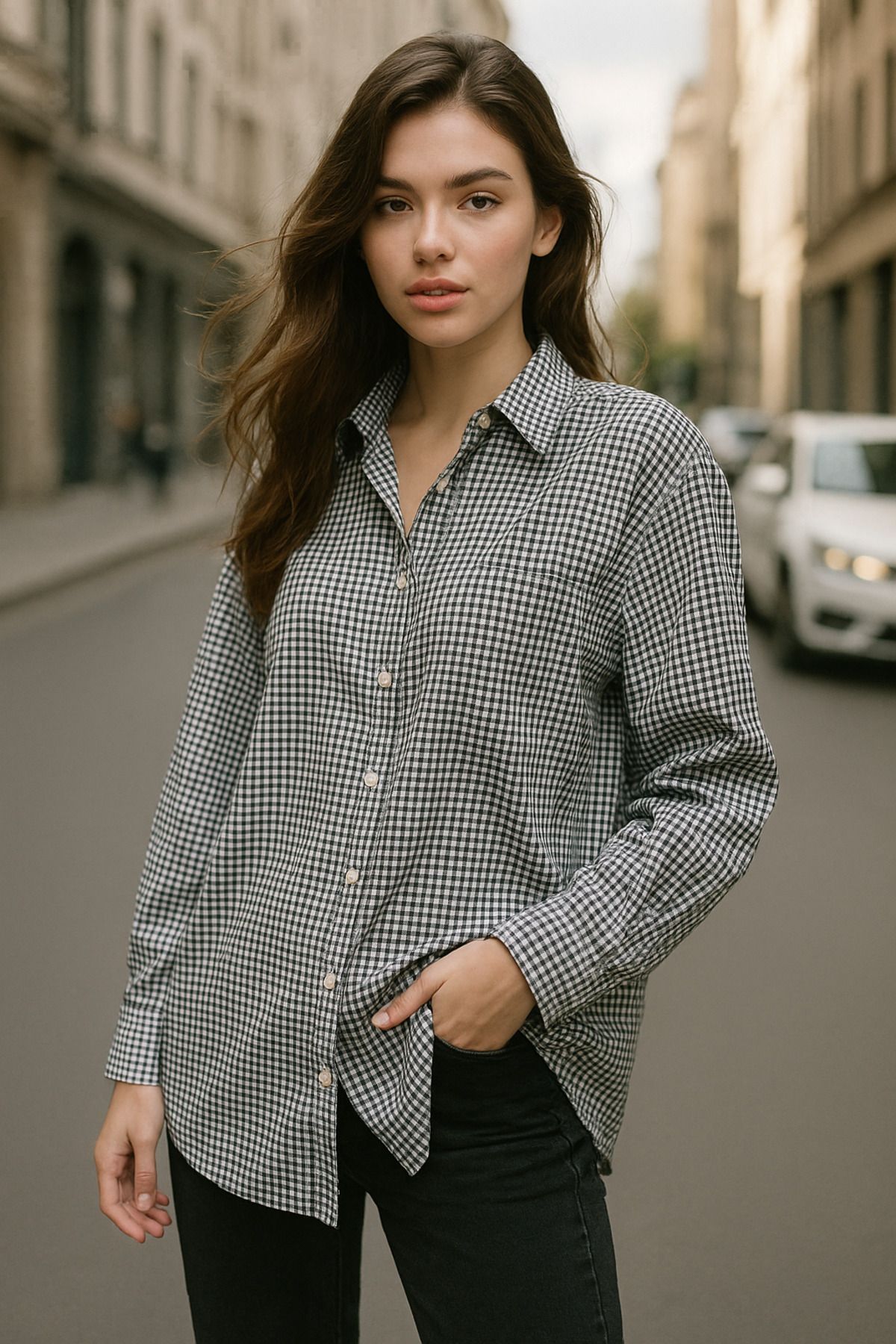Rich Kadın Siyah Beyaz Kareli Oversize Gömlek Relaxed Over Fit Ekoseli Gömlek