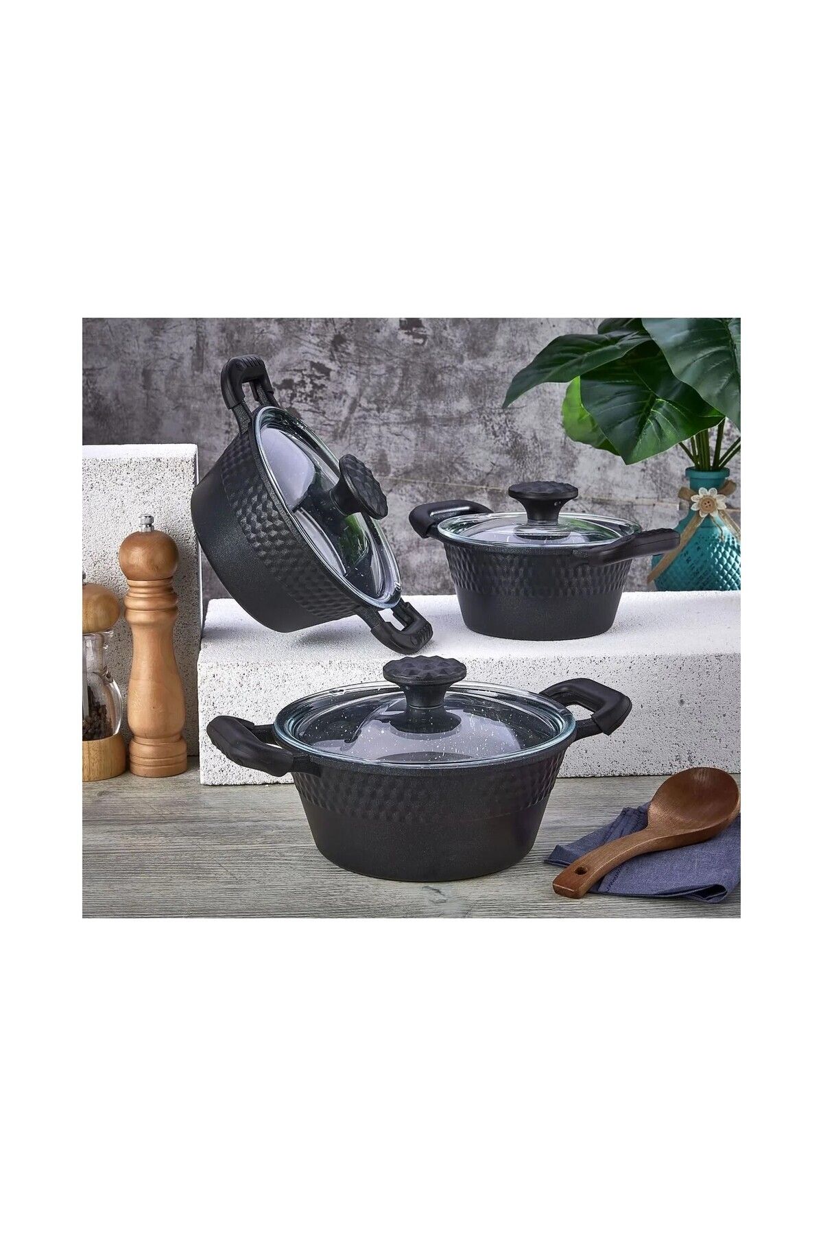 Ağır Granit Döküm Kapaklı 3 Lü Güveç Çorbalık Yemeklik Sosluk Seti 16-18-20 Cm (SİLİKON KULP YOKTUR)