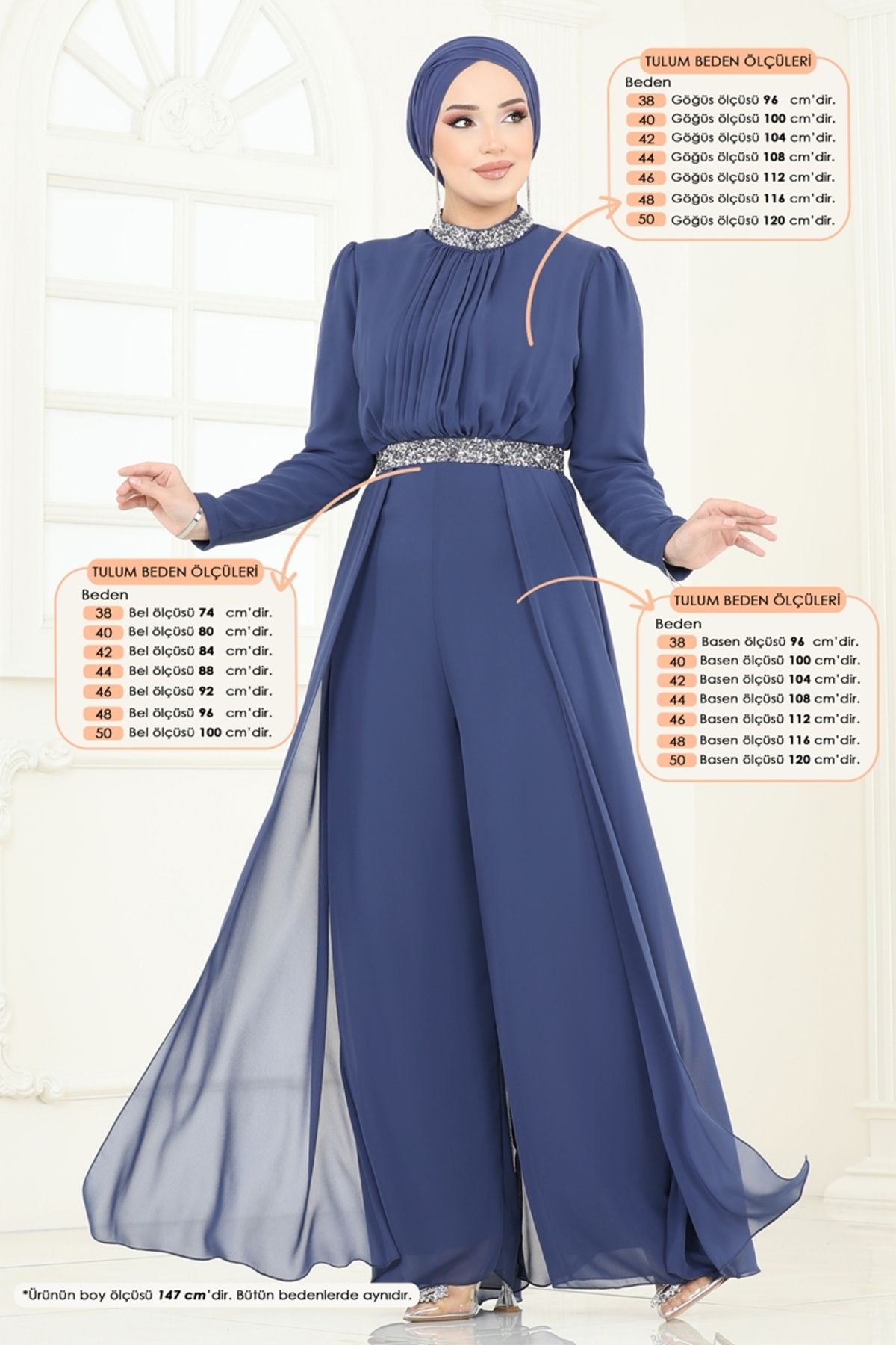 Modaselvim Drapeli Şifon Abiye Tulum 5006AB368 İndigo